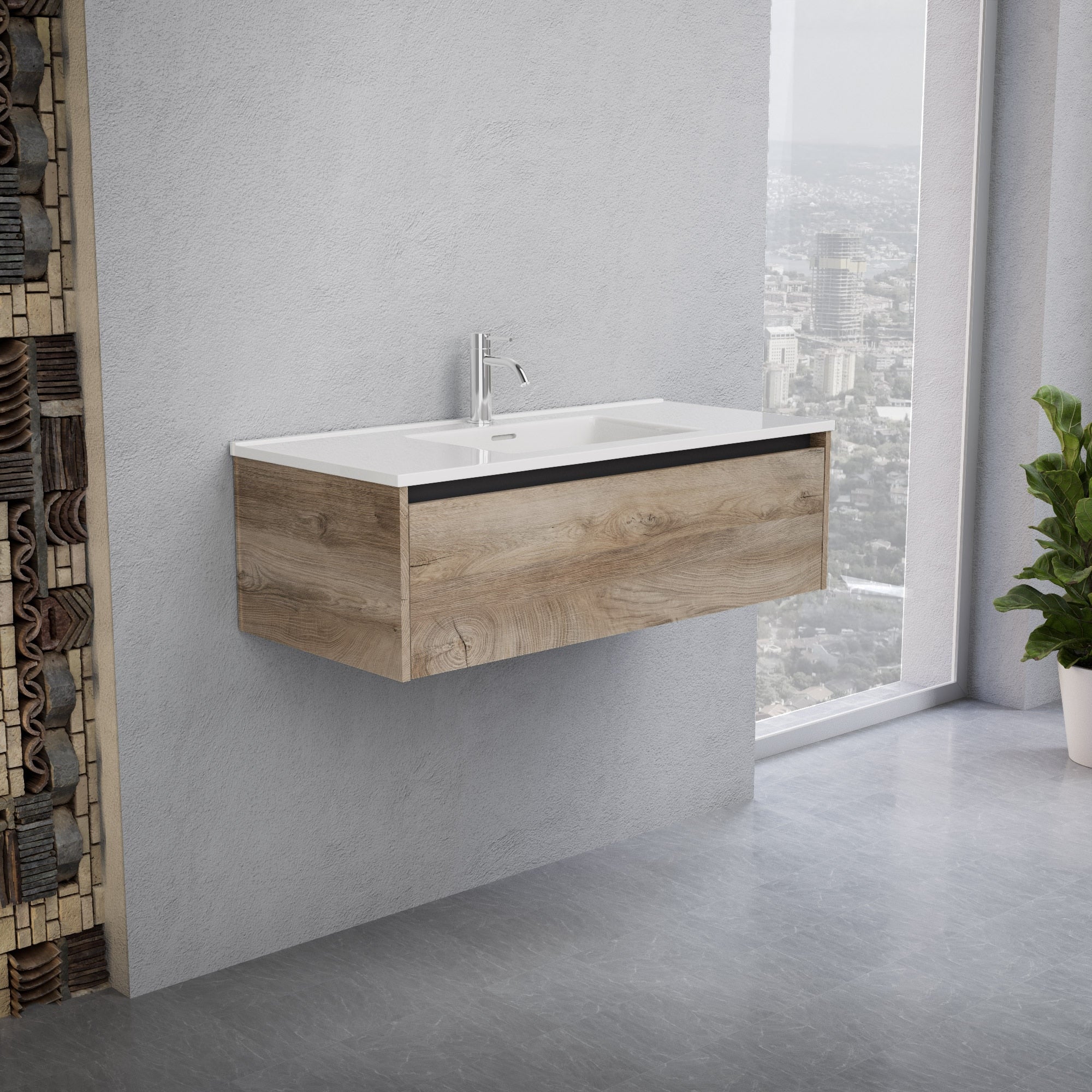 Inda - Mobile bagno L.100 con lavabo lucido / Rovere naturale 1 cassetto - Smeraldo