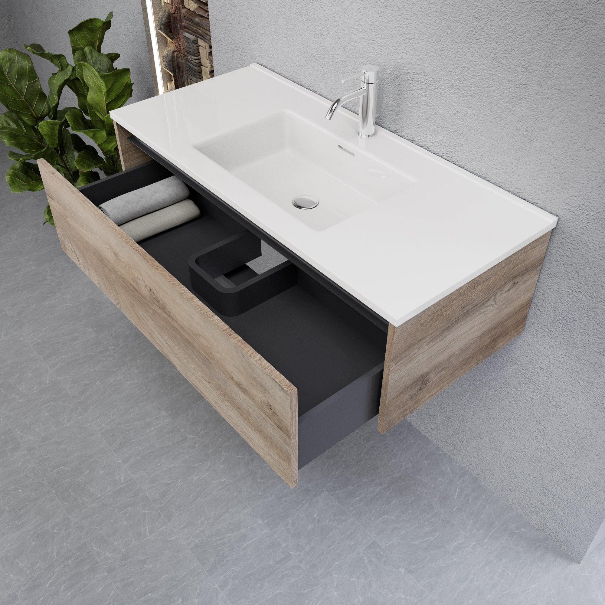 Inda - Mobile bagno L.100 con lavabo lucido / Rovere naturale 1 cassetto - Smeraldo