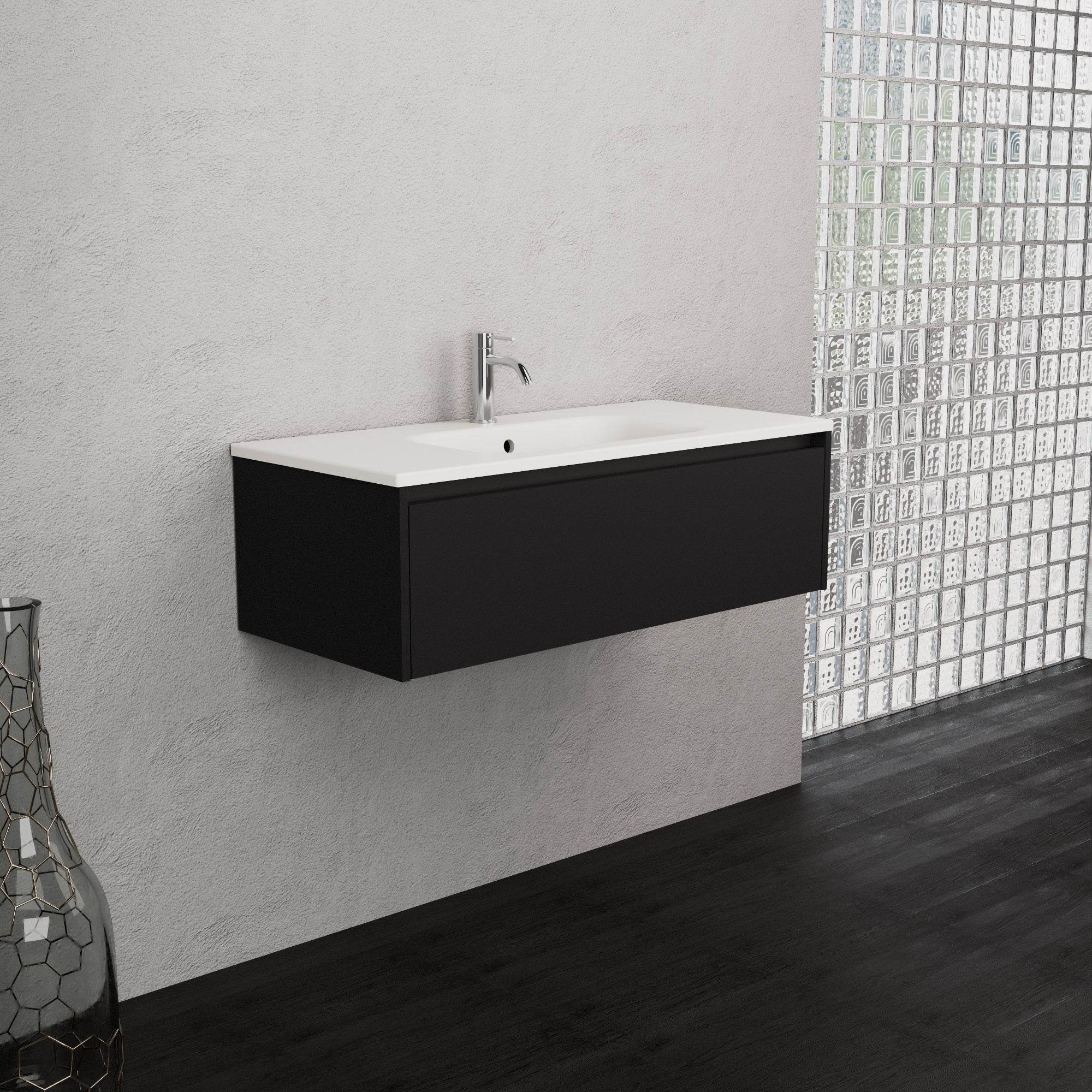 Inda - Mobile bagno L.100 con lavabo opaco / Nero opaco 1 cassetto - Smeraldo