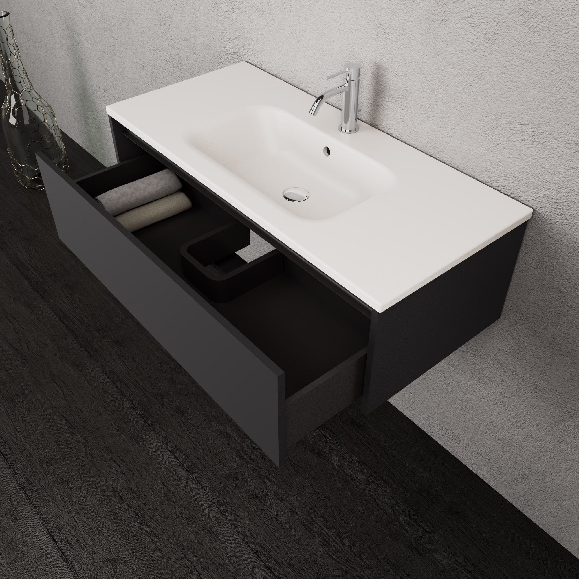 Inda - Mobile bagno L.100 con lavabo opaco / Nero opaco 1 cassetto - Smeraldo