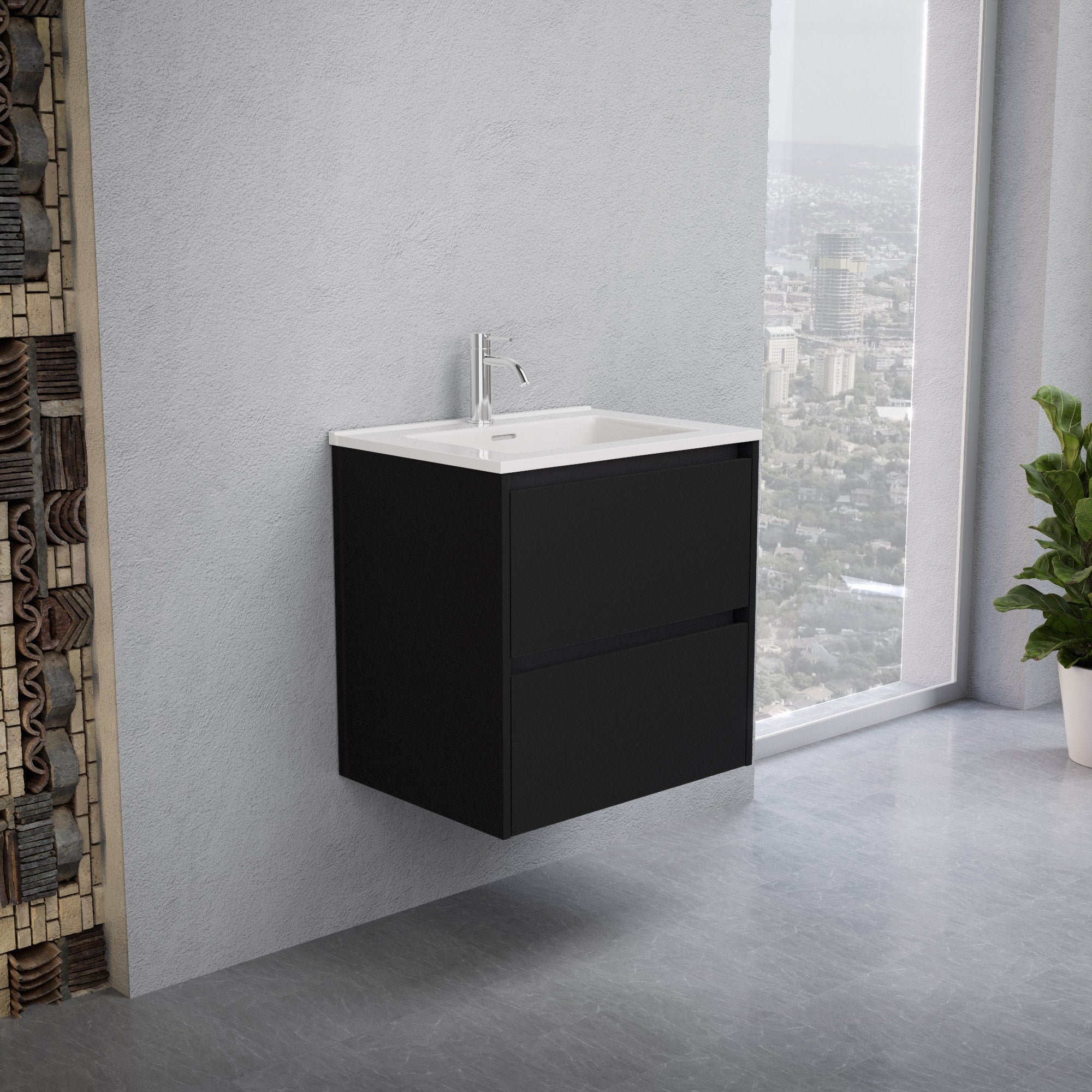 Inda - Mobile bagno L.60 con lavabo lucido / Nero opaco 2 cassetti - Smeraldo