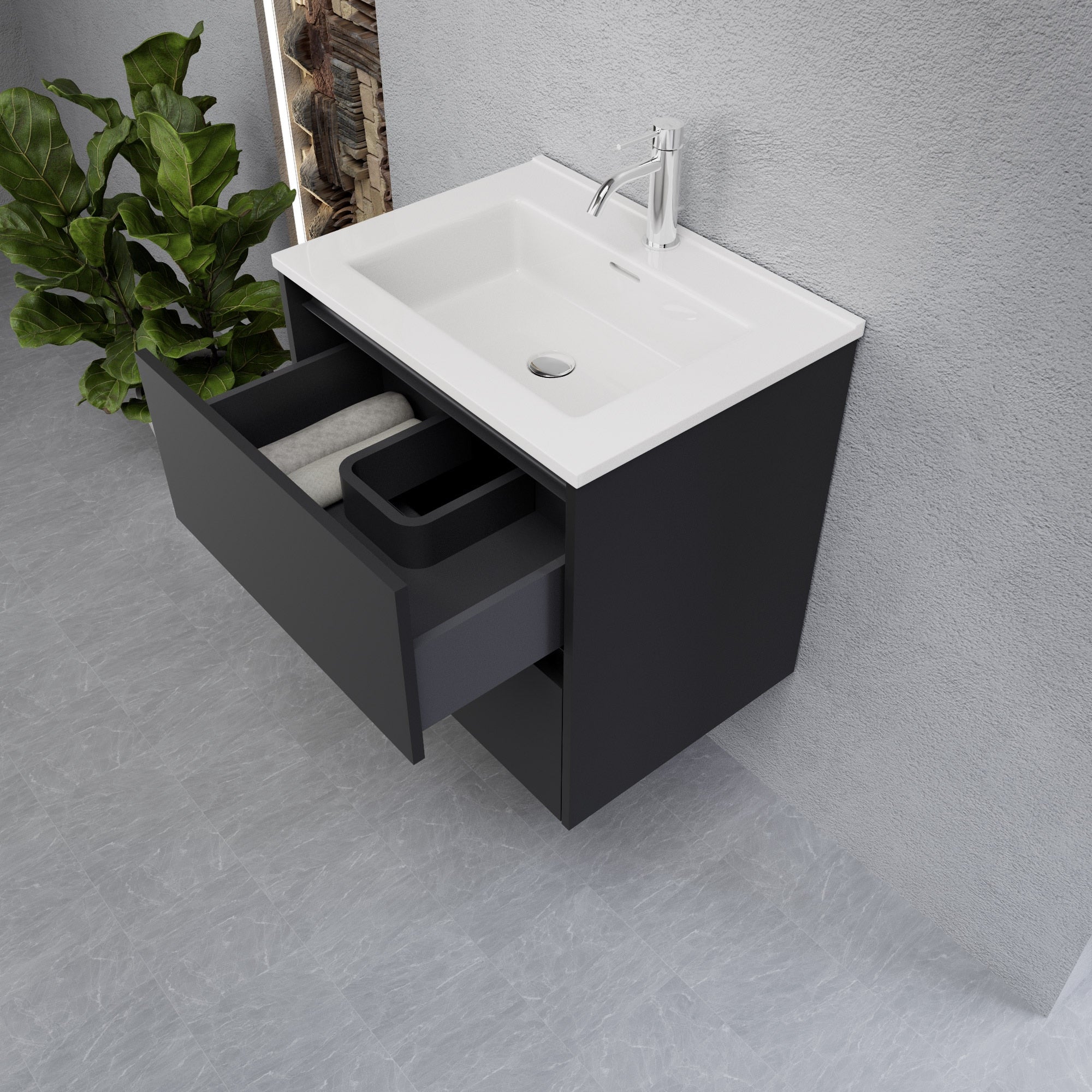 Inda - Mobile bagno L.60 con lavabo lucido / Nero opaco 2 cassetti - Smeraldo