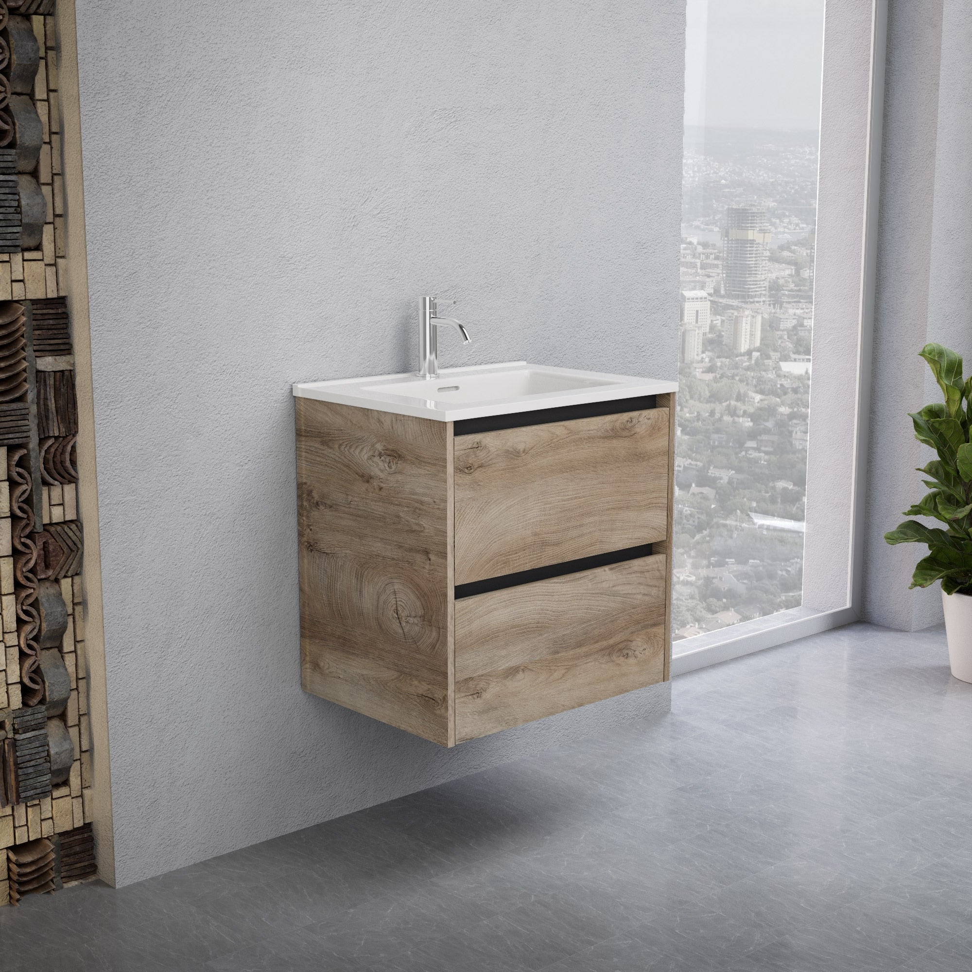 Inda - Mobile bagno L.60 con lavabo lucido / Rovere naturale 2 cassetti - Smeraldo