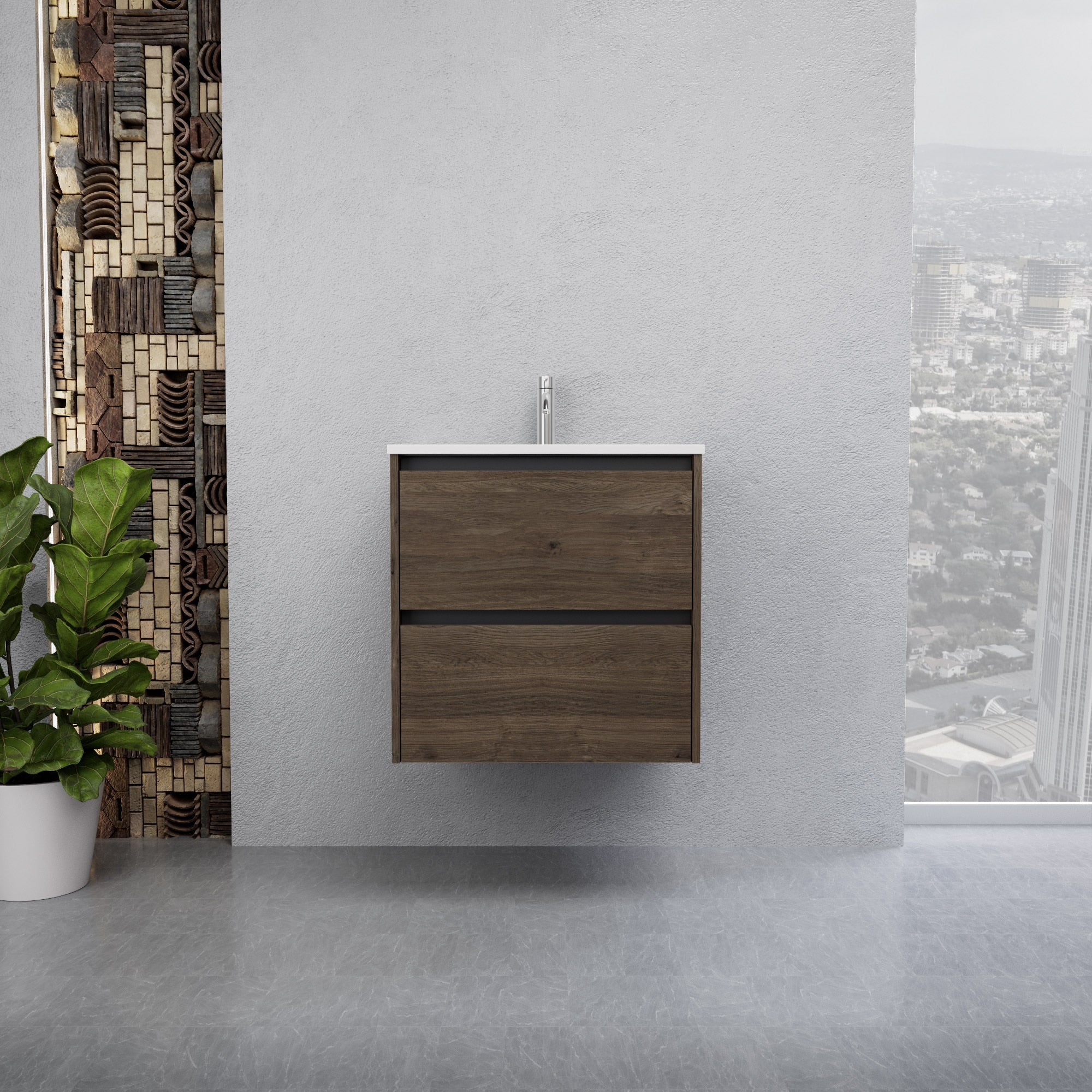Inda - Mobile bagno L.60 con lavabo lucido / Rovere castano 2 cassetti - Smeraldo