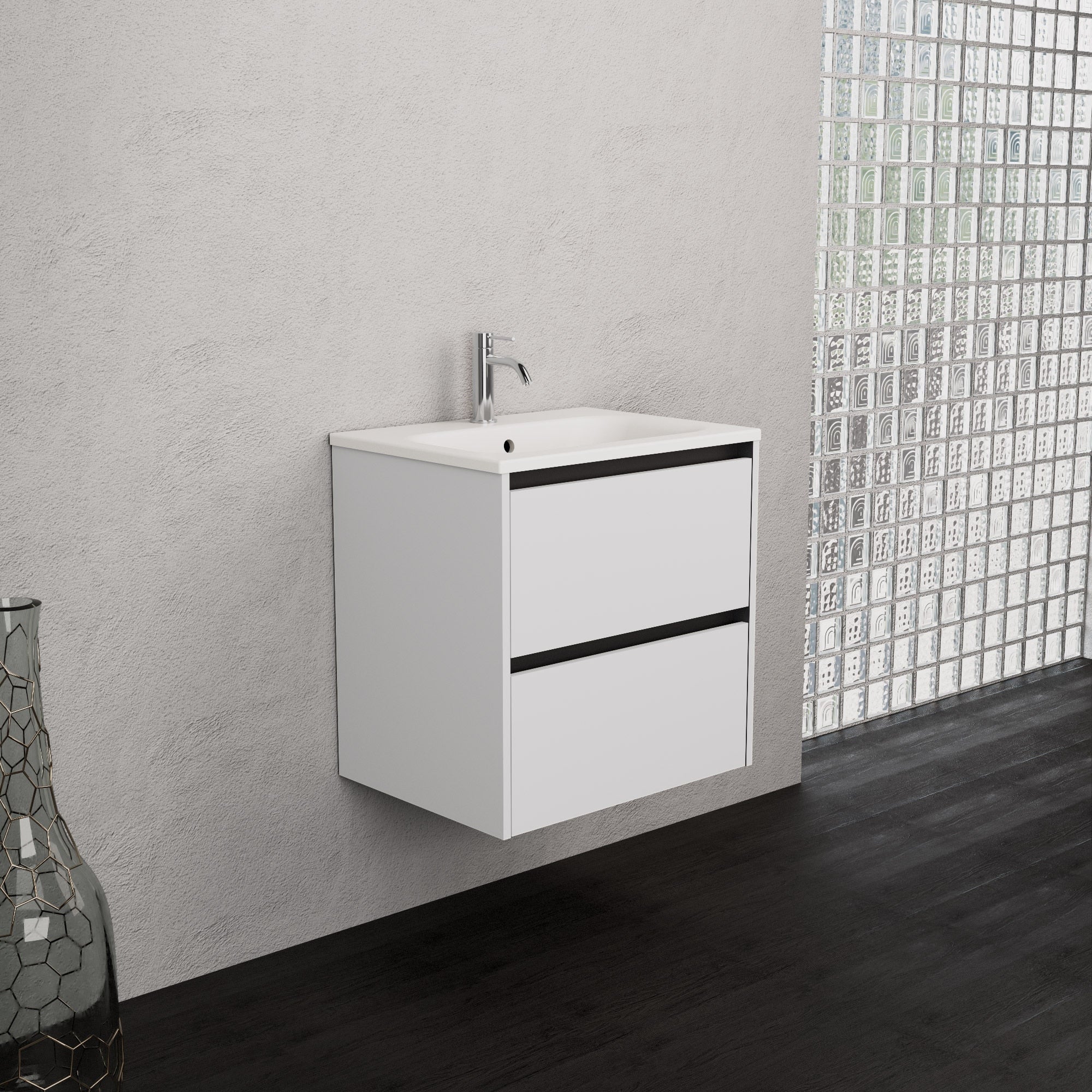 Inda - Mobile bagno L.60 con lavabo opaco / Bianco opaco 2 cassetti - Smeraldo