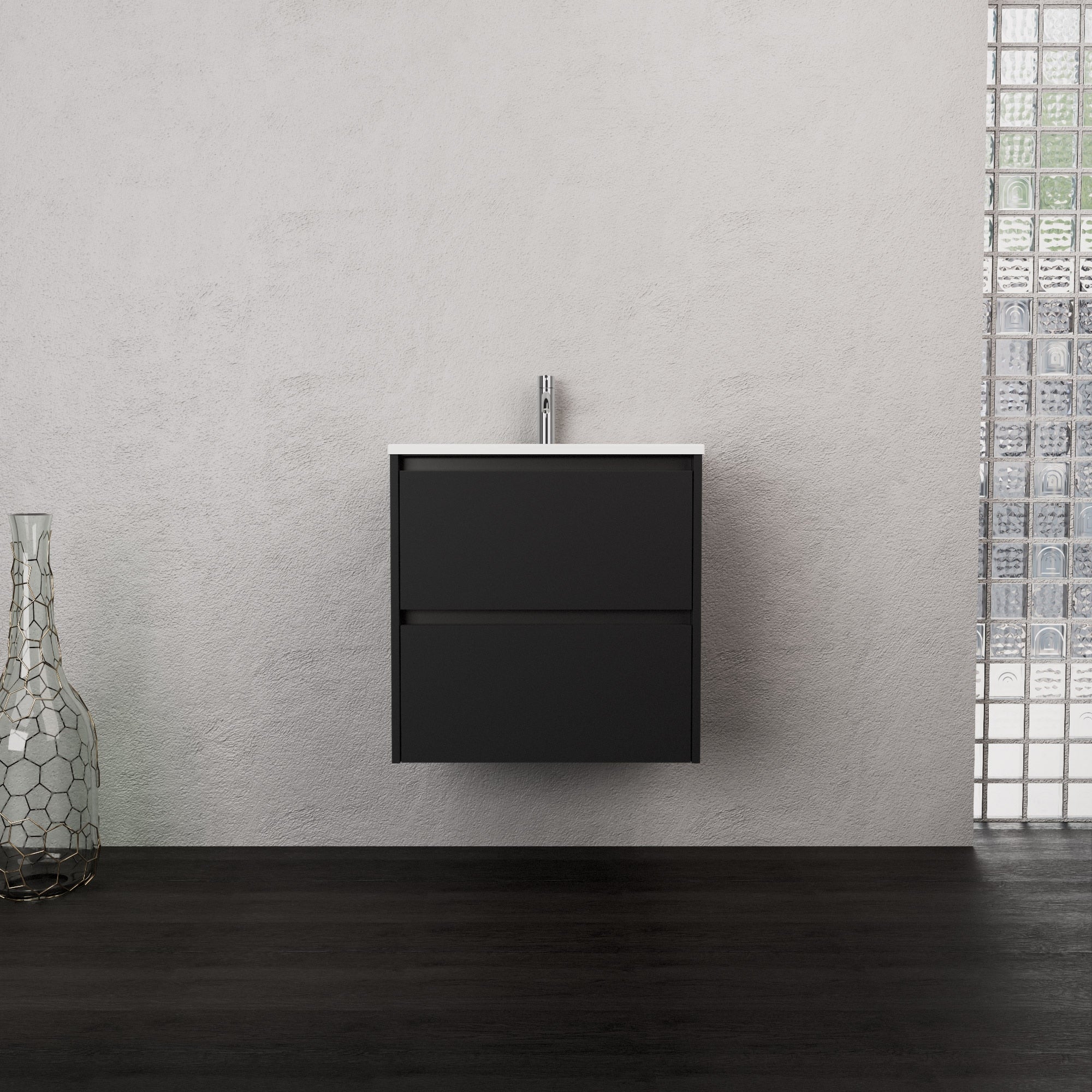 Inda - Mobile bagno L.60 con lavabo opaco / Nero opaco 2 cassetti - Smeraldo