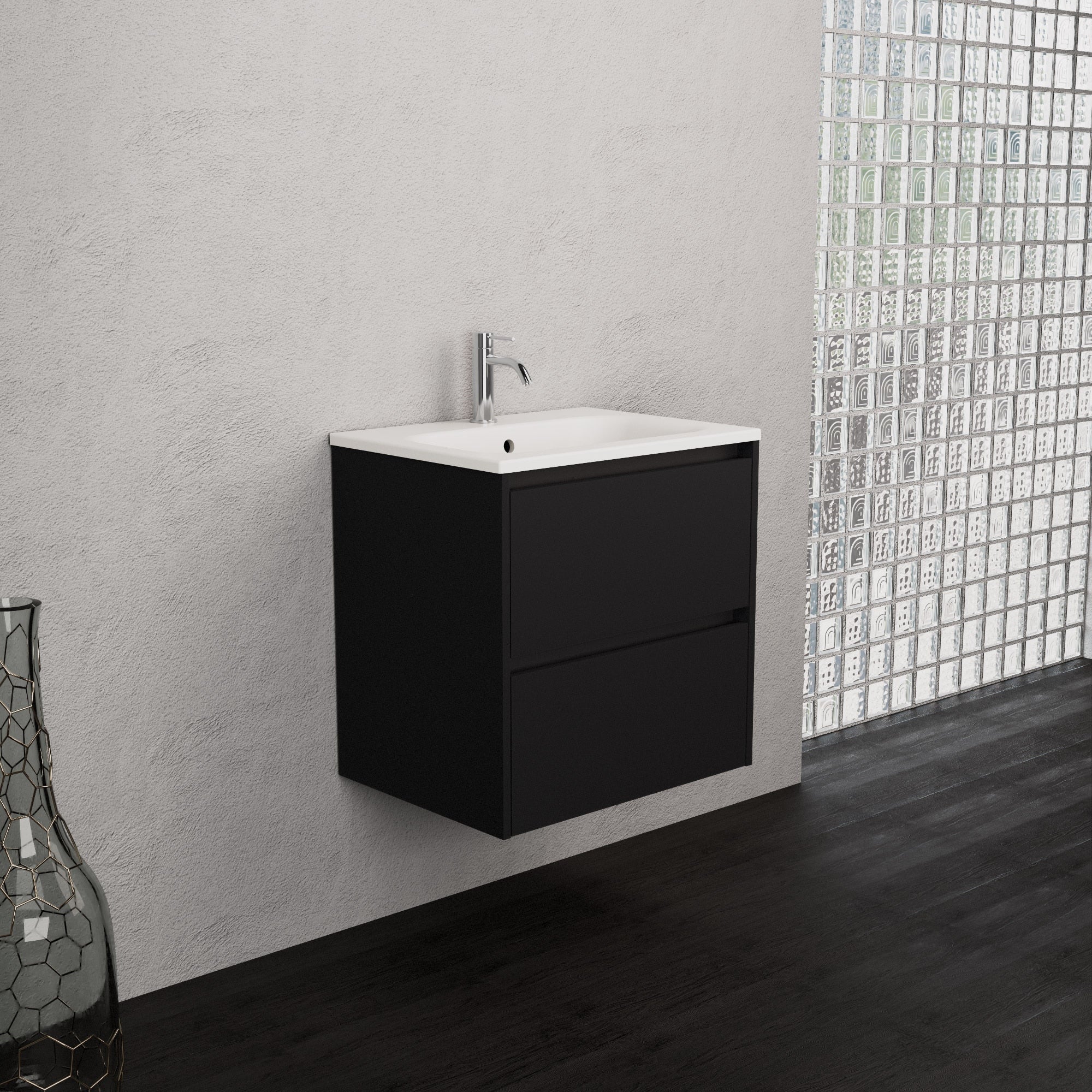 Inda - Mobile bagno L.60 con lavabo opaco / Nero opaco 2 cassetti - Smeraldo