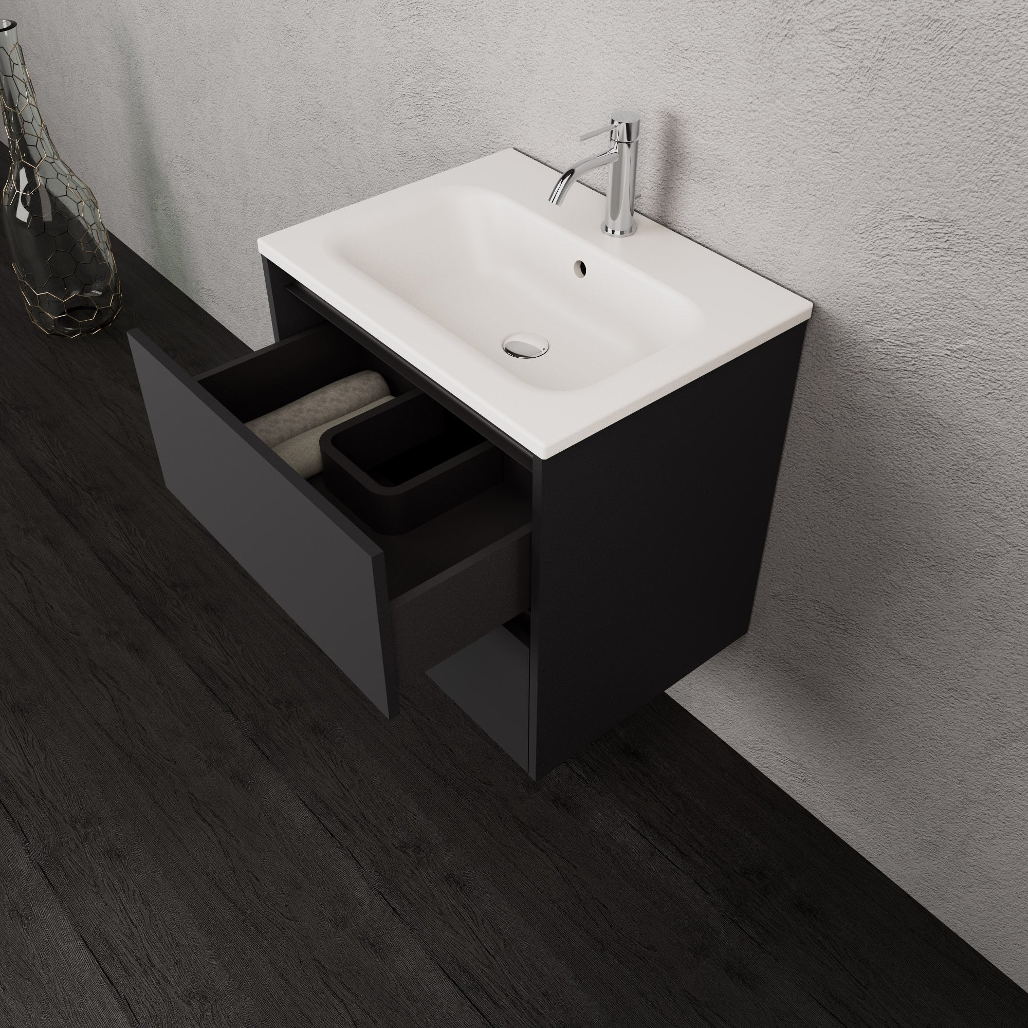 Inda - Mobile bagno L.60 con lavabo opaco / Nero opaco 2 cassetti - Smeraldo