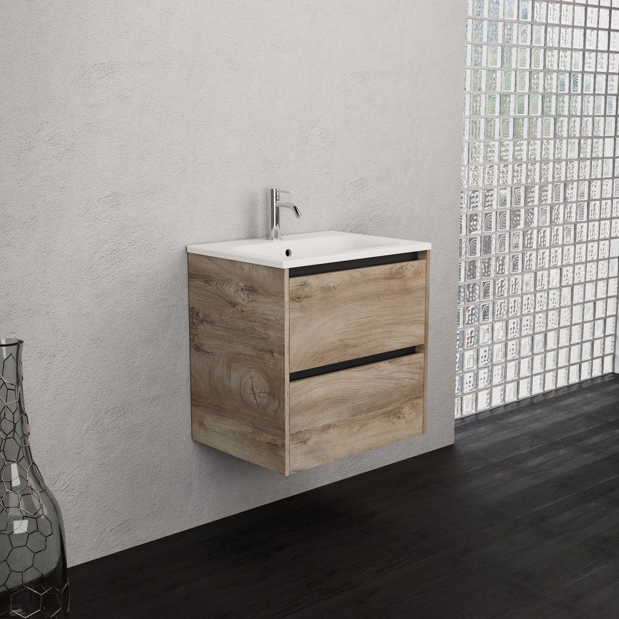 Inda - Mobile bagno L.60 con lavabo opaco / Rovere naturale 2 cassetti - Smeraldo