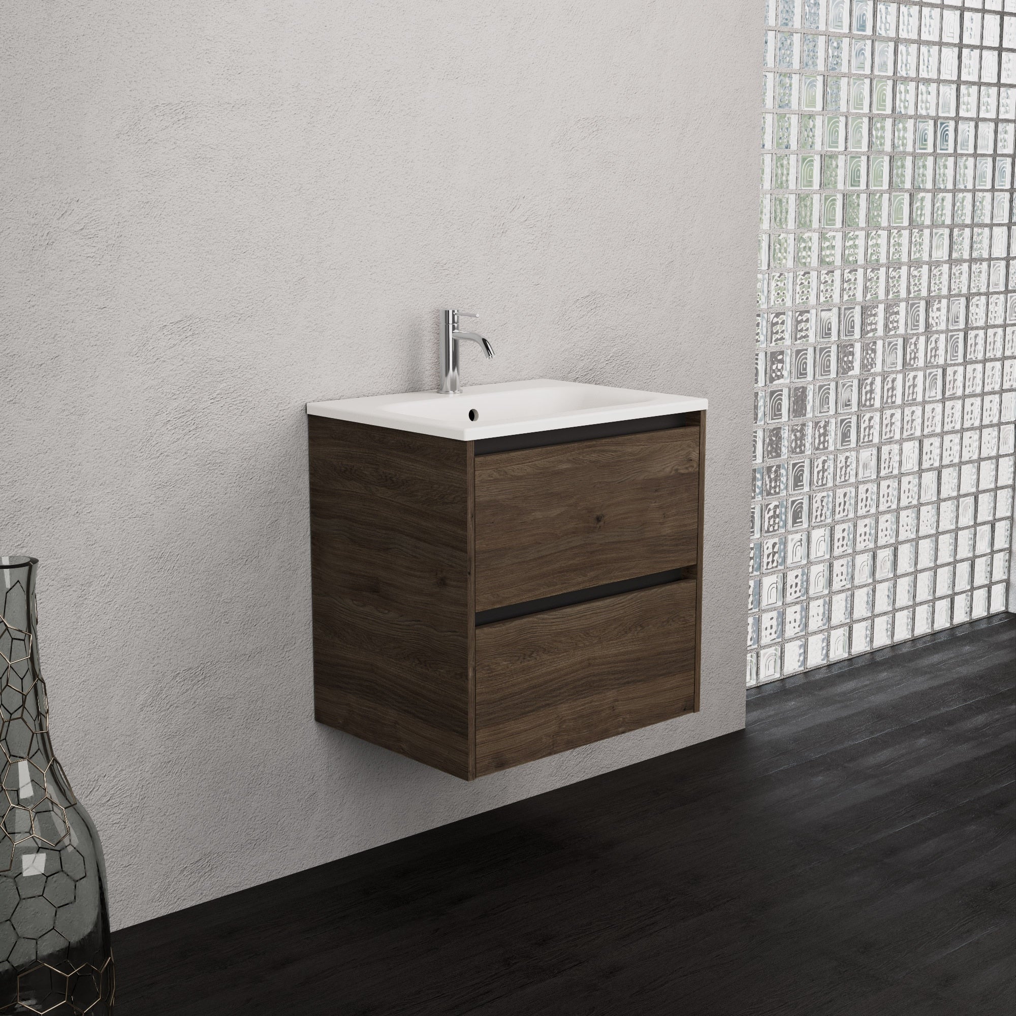Inda - Mobile bagno L.60 con lavabo opaco / Rovere castano 2 cassetti - Smeraldo