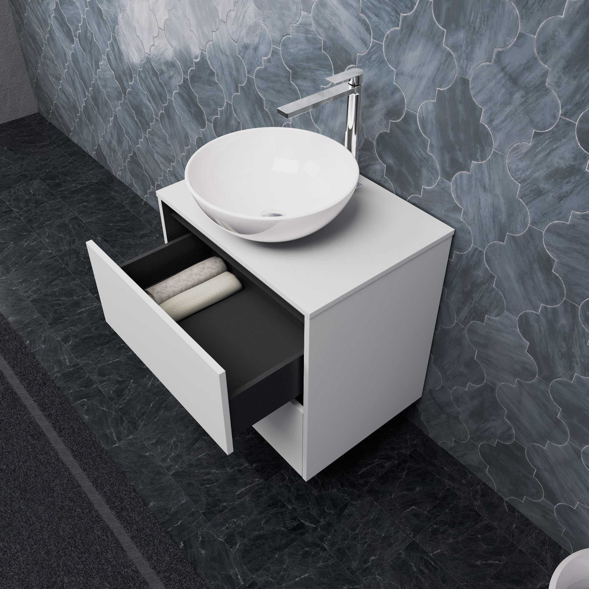 Inda - Mobile bagno L.60 con lavabo in appoggio / Bianco opaco 2 cassetti - Smeraldo