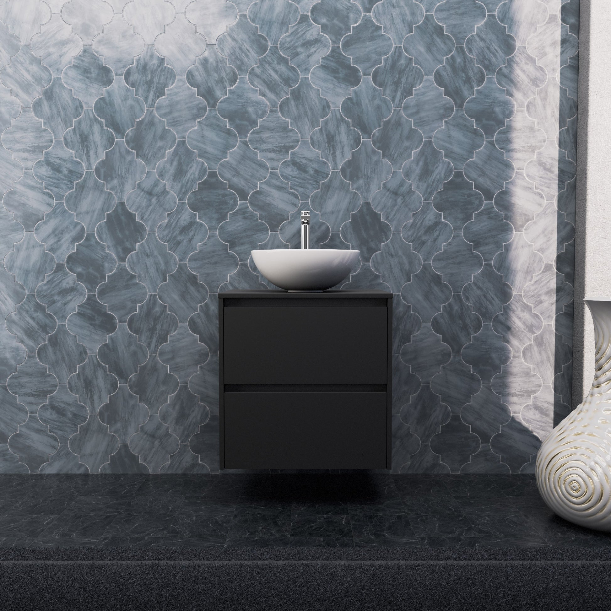 Inda - Mobile bagno L.60 con lavabo in appoggio / Nero opaco 2 cassetti - Smeraldo