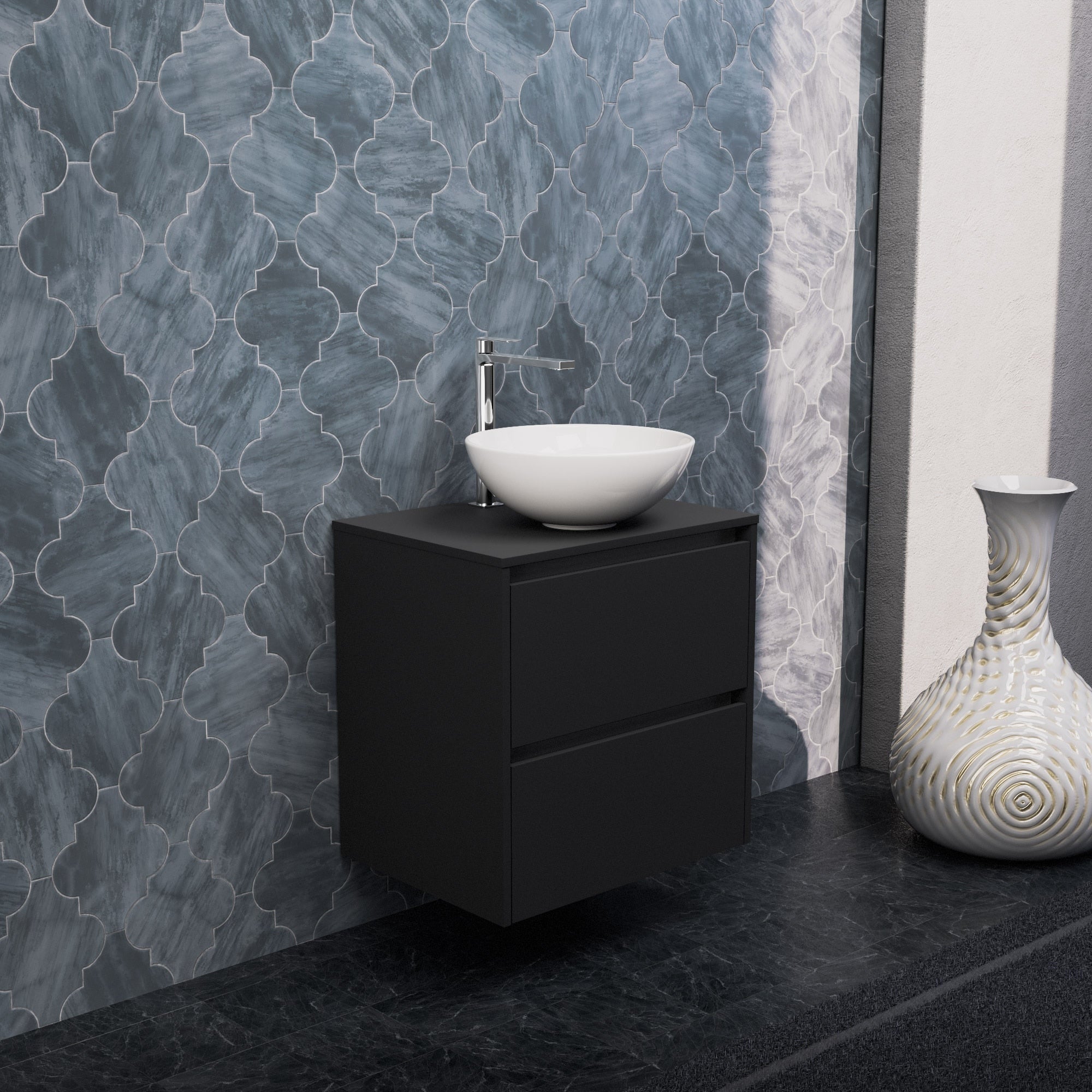 Inda - Mobile bagno L.60 con lavabo in appoggio / Nero opaco 2 cassetti - Smeraldo