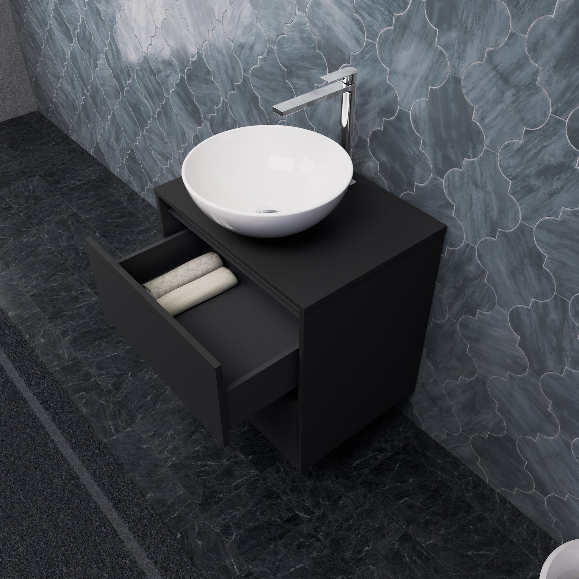 Inda - Mobile bagno L.60 con lavabo in appoggio / Nero opaco 2 cassetti - Smeraldo