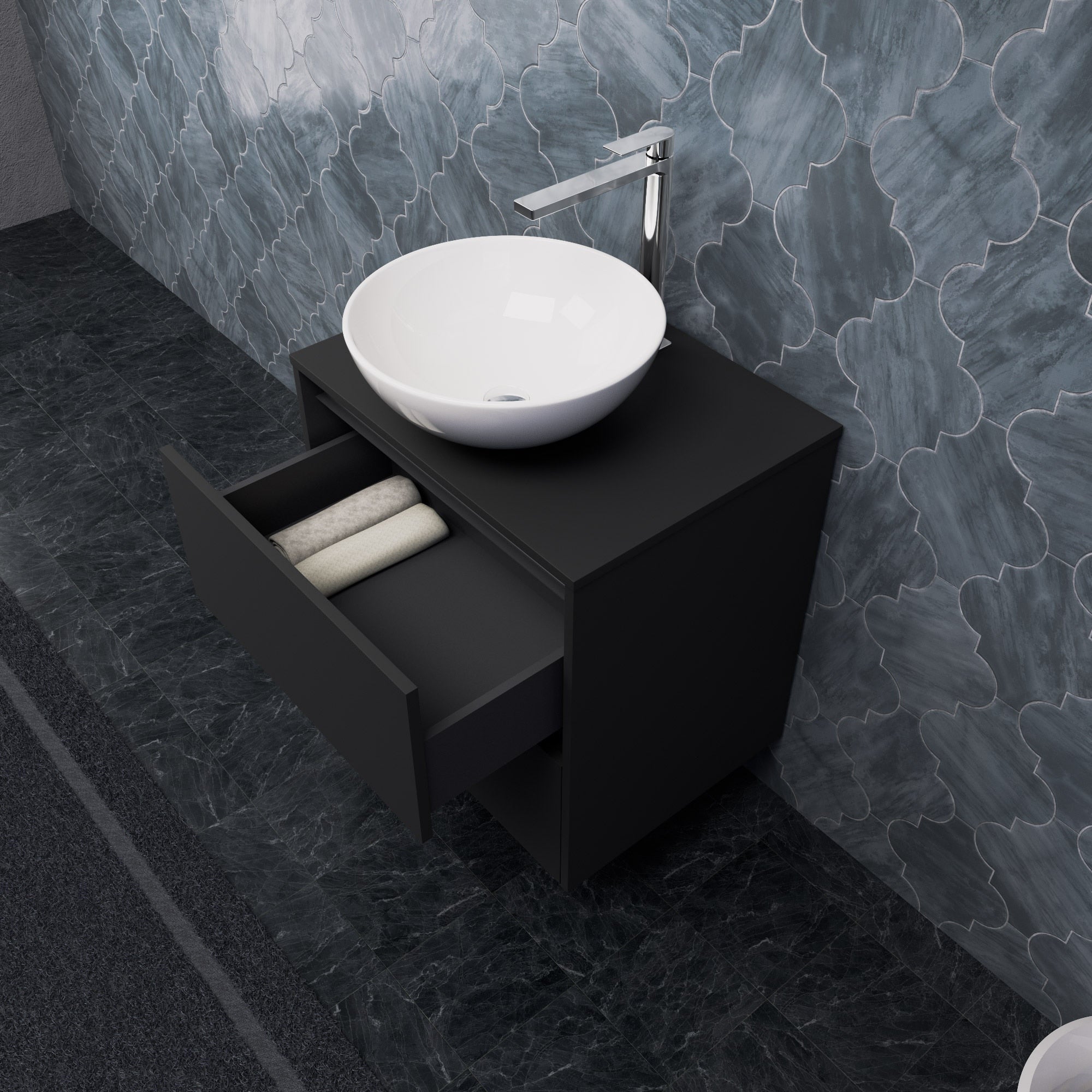 Inda - Mobile bagno L.60 con lavabo in appoggio / Nero opaco 2 cassetti - Smeraldo