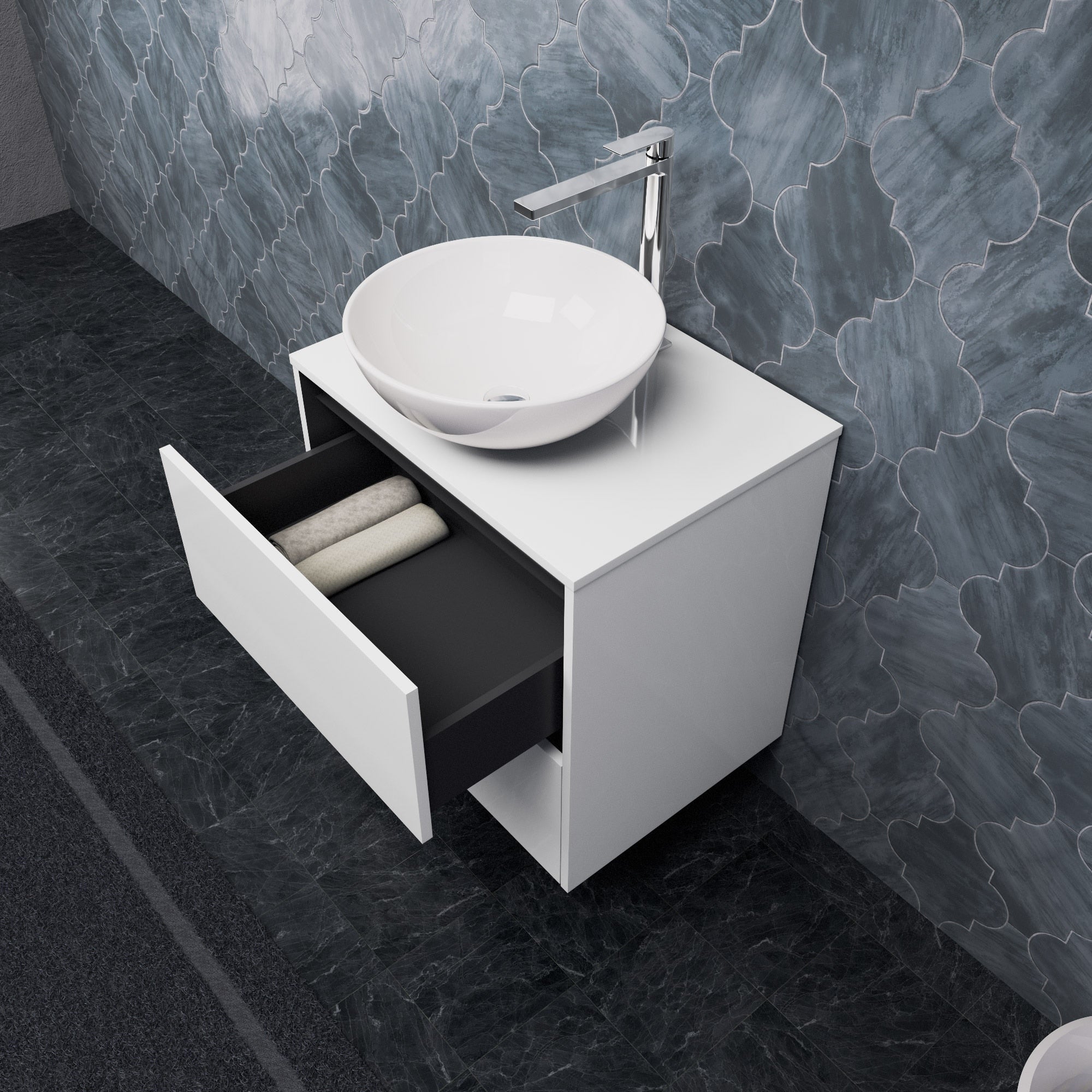 Inda - Mobile bagno L.60 con lavabo in appoggio / Bianco lucido 2 cassetti - Smeraldo