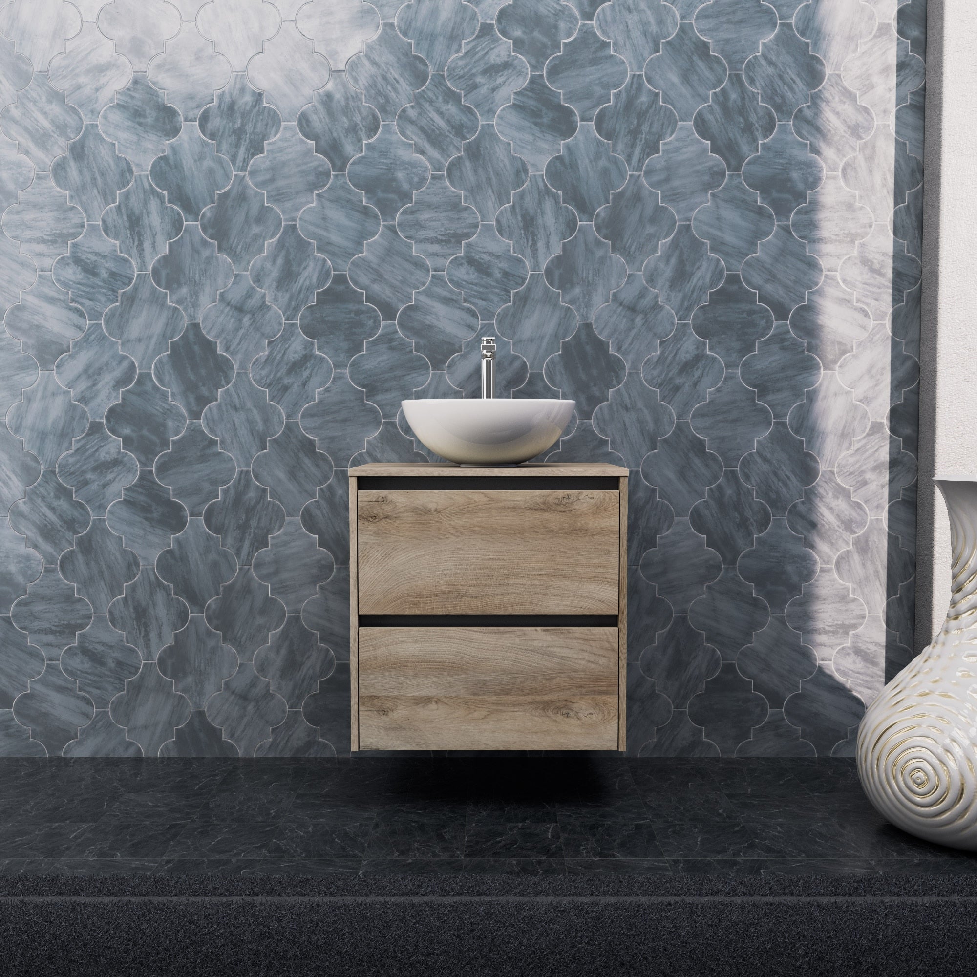 Inda - Mobile bagno L.60 con lavabo in appoggio / Rovere naturale 2 cassetti - Smeraldo