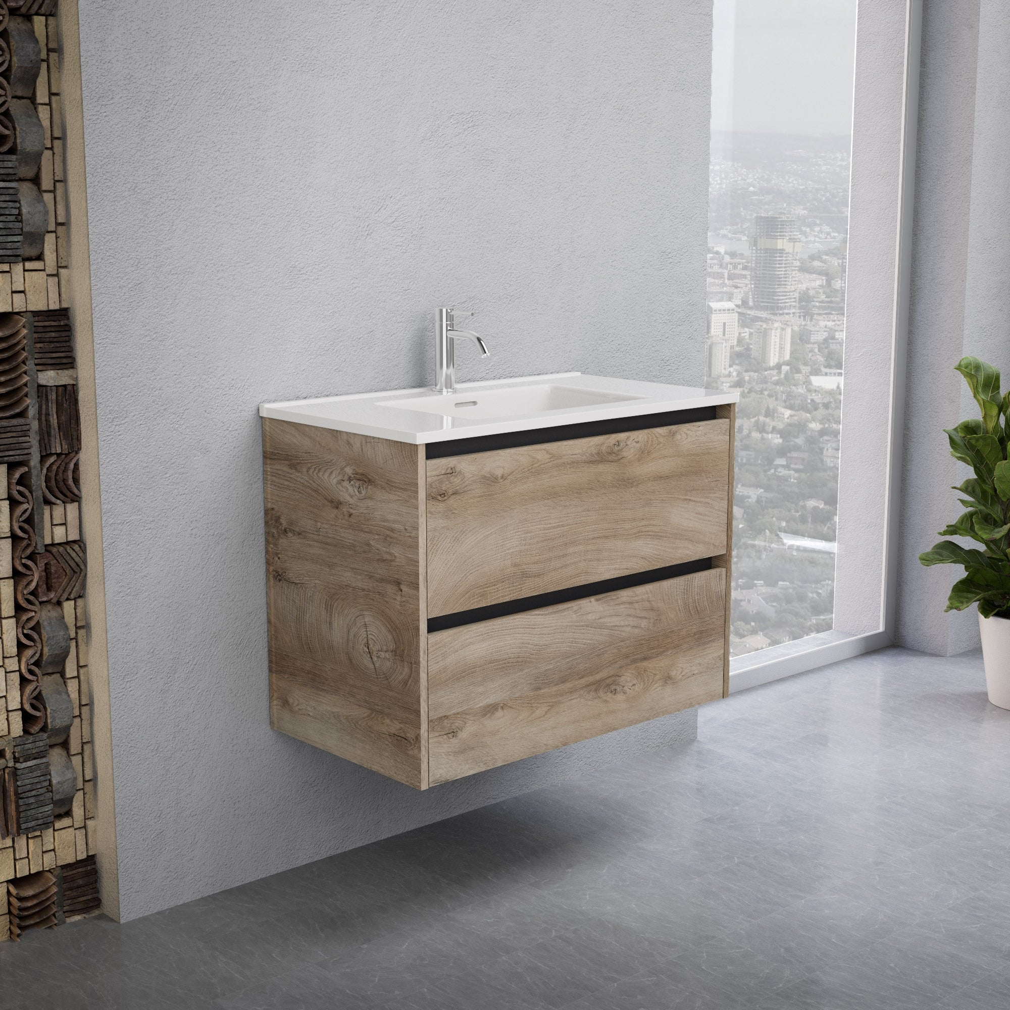 Inda - Mobile bagno L.80 con lavabo lucido / Rovere naturale 2 cassetti - Smeraldo