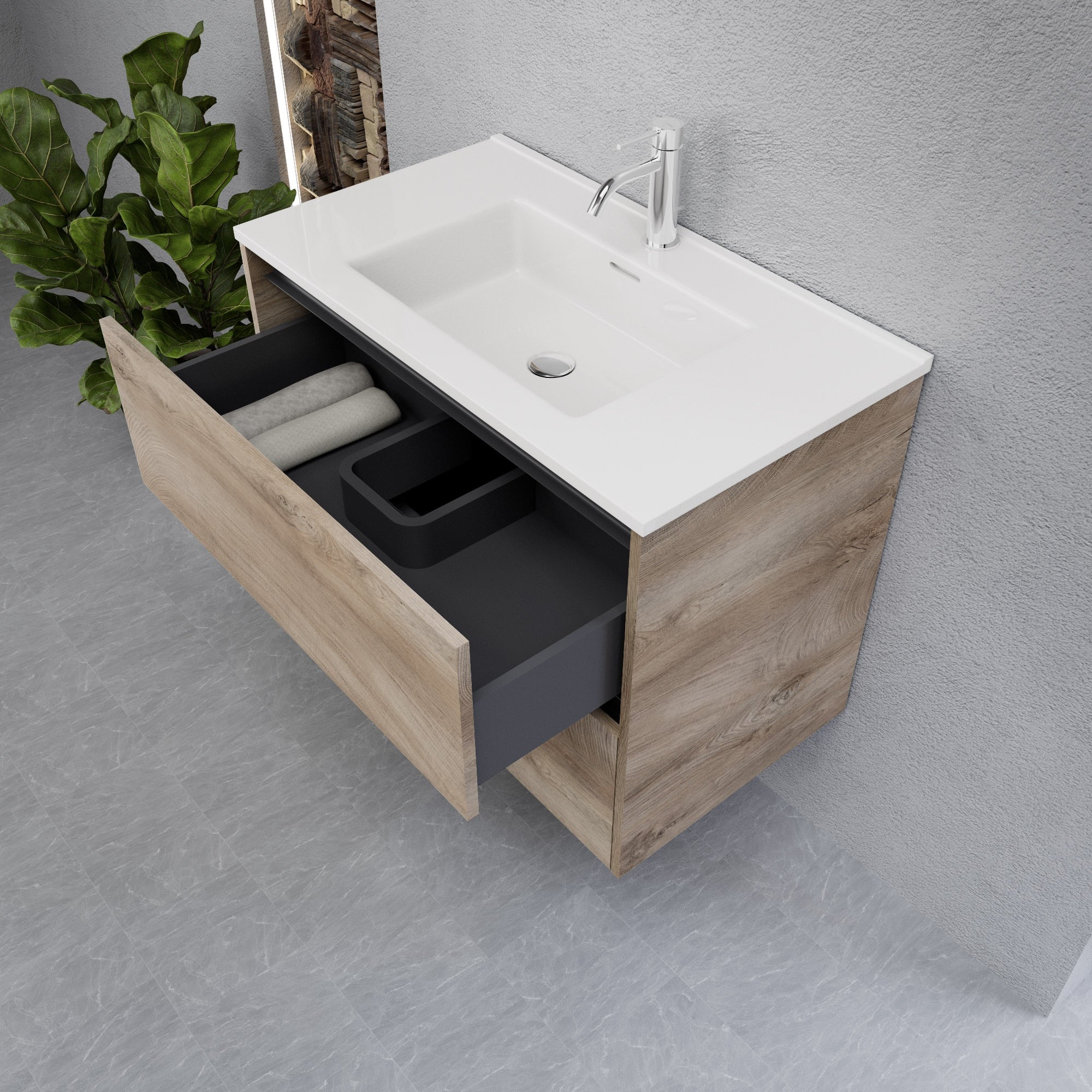 Inda - Mobile bagno L.80 con lavabo lucido / Rovere naturale 2 cassetti - Smeraldo