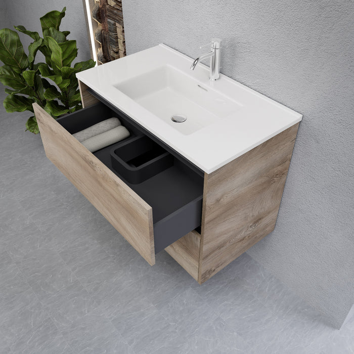 Inda - Mobile bagno L.80 con lavabo lucido / Rovere naturale 2 cassetti - Smeraldo