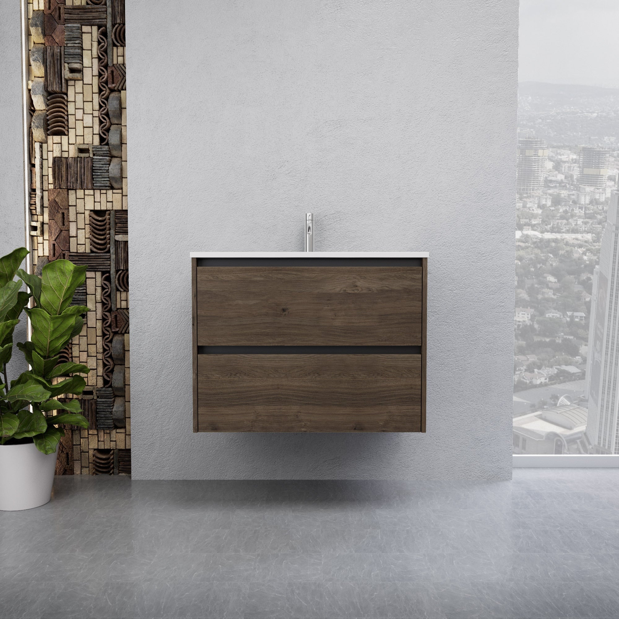 Inda - Mobile bagno L.80 con lavabo lucido / Rovere castano 2 cassetti - Smeraldo