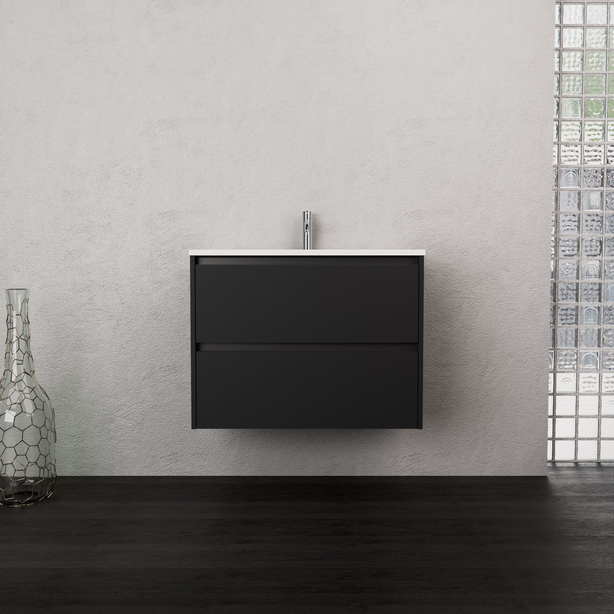 Inda - Mobile bagno L.80 con lavabo opaco / Nero opaco 2 cassetti - Smeraldo