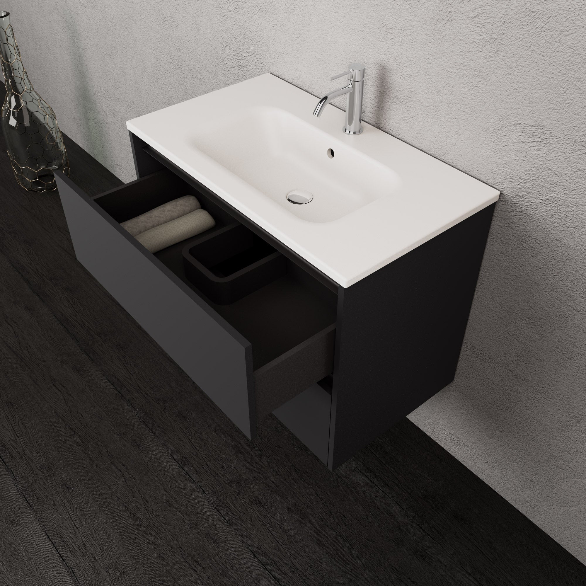 Inda - Mobile bagno L.80 con lavabo opaco / Nero opaco 2 cassetti - Smeraldo
