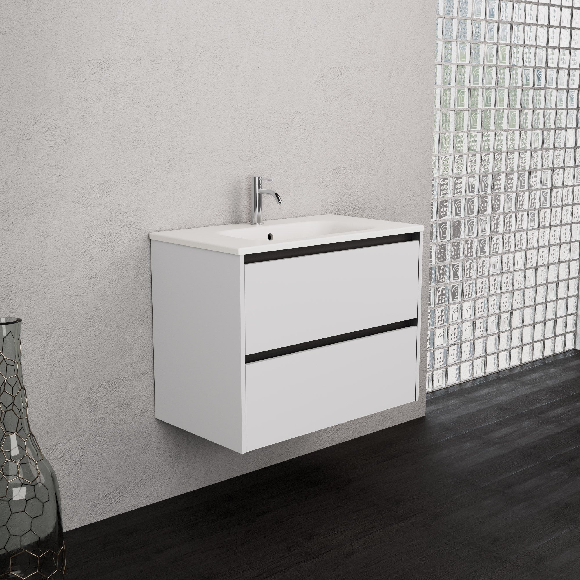Inda - Mobile bagno L.80 con lavabo opaco / Bianco lucido 2 cassetti - Smeraldo