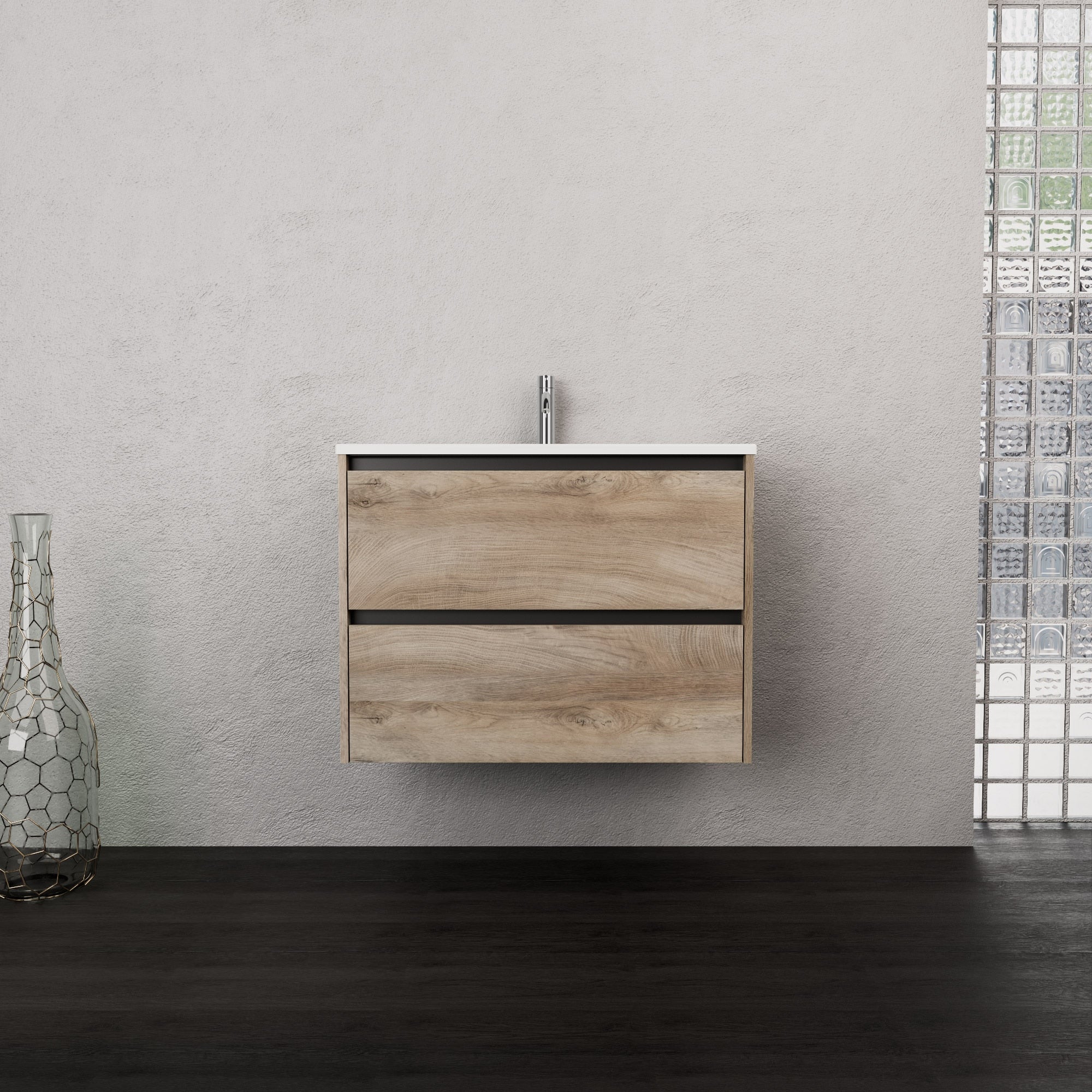 Inda - Mobile bagno L.80 con lavabo opaco / Rovere naturale 2 cassetti - Smeraldo