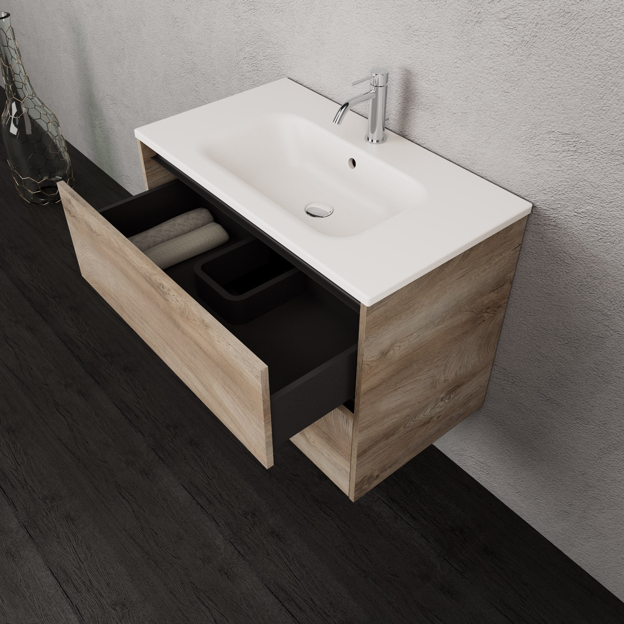 Inda - Mobile bagno L.80 con lavabo opaco / Rovere naturale 2 cassetti - Smeraldo