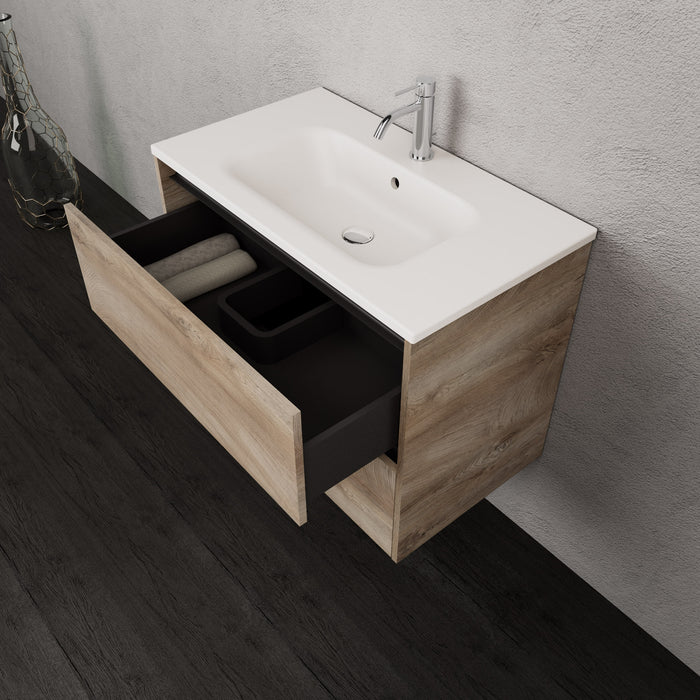 Inda - Mobile bagno L.80 con lavabo opaco / Rovere naturale 2 cassetti - Smeraldo