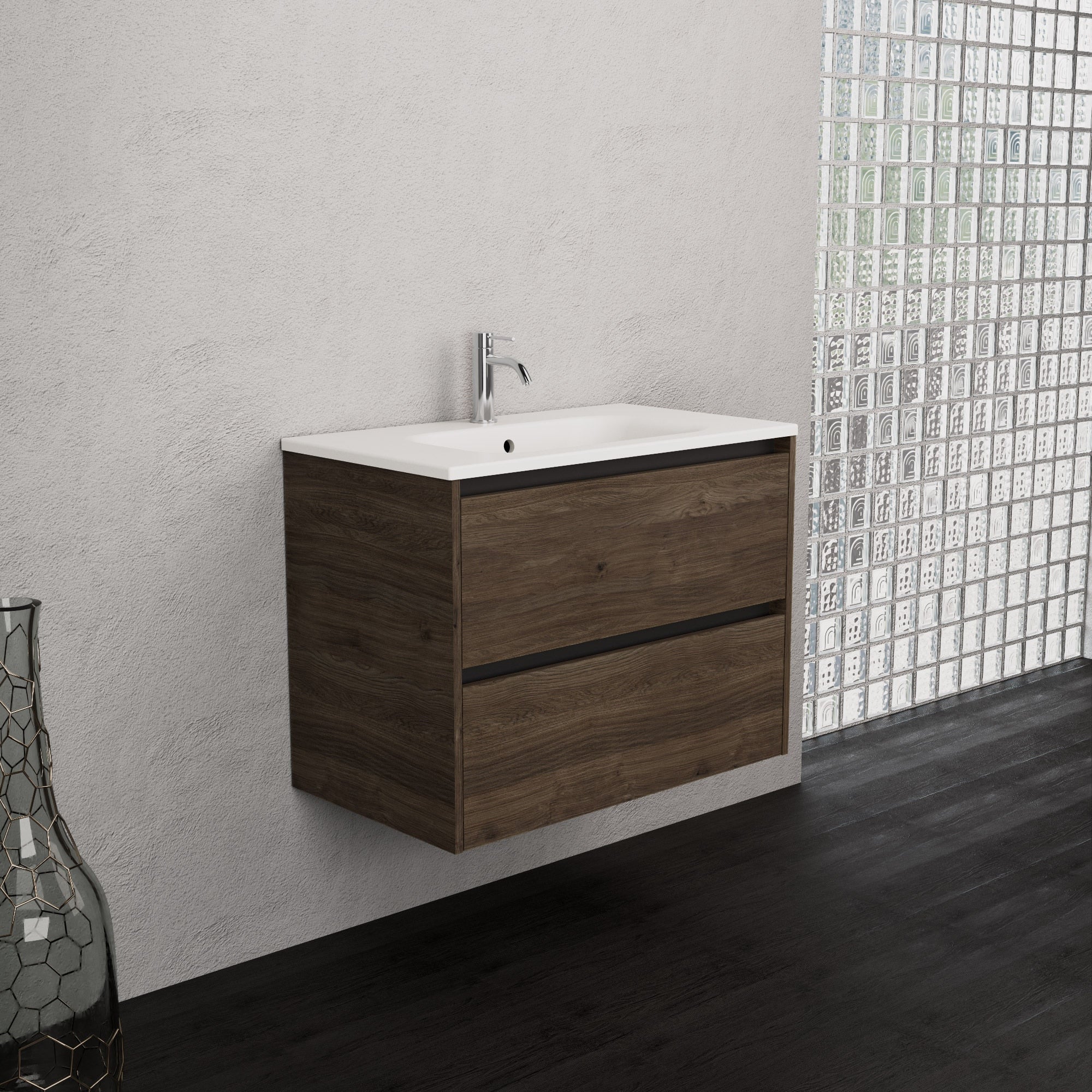 Inda - Mobile bagno L.80 con lavabo opaco / Rovere castano 2 cassetti - Smeraldo