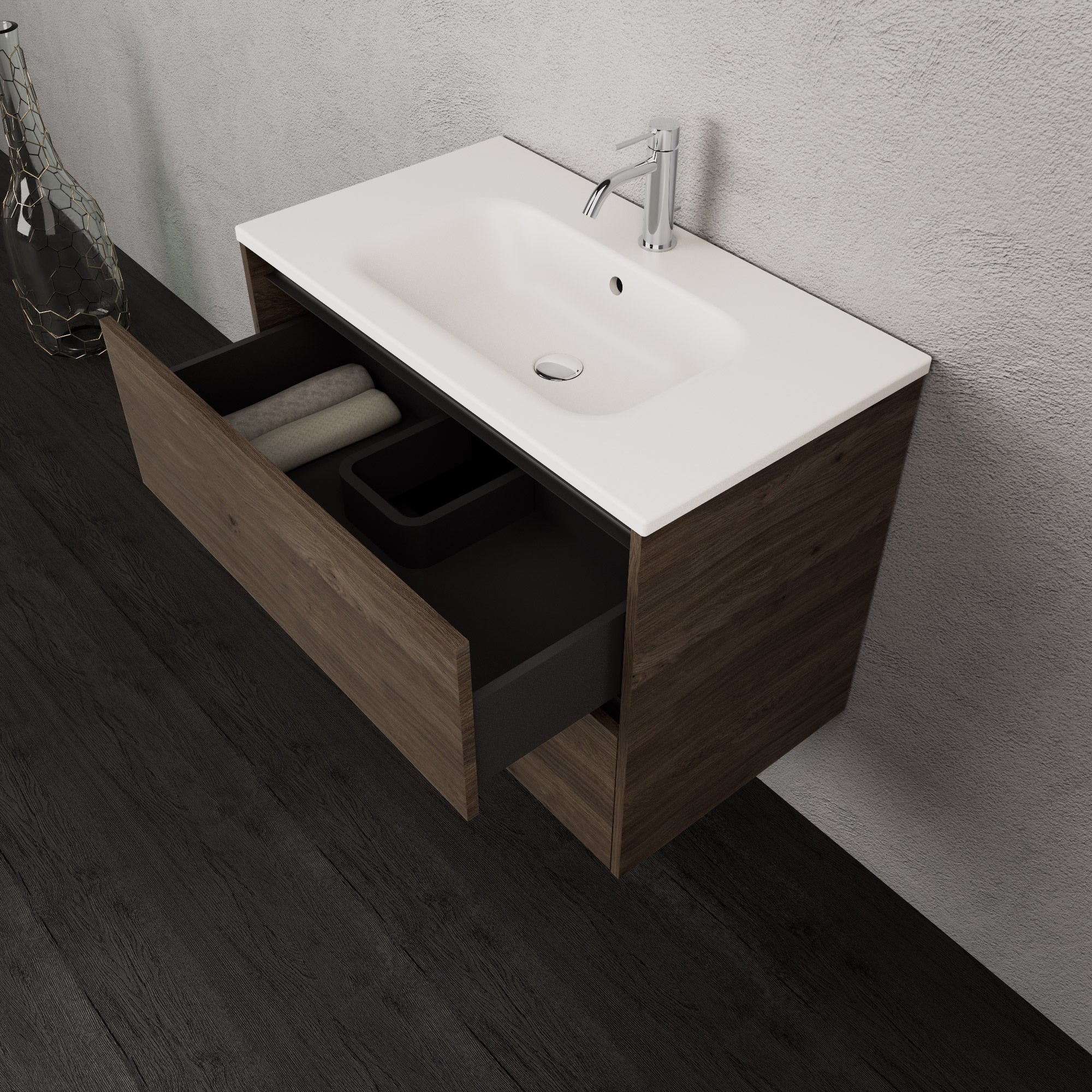 Inda - Mobile bagno L.80 con lavabo opaco / Rovere castano 2 cassetti - Smeraldo
