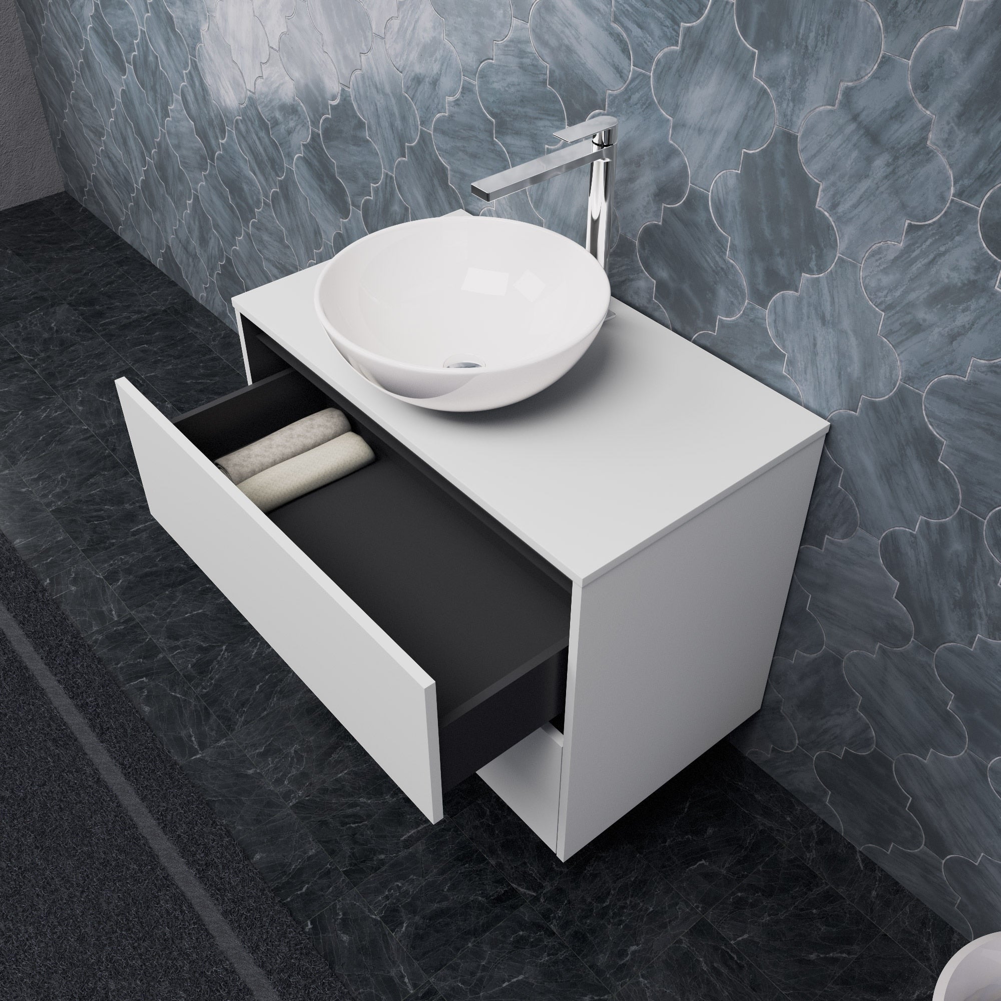 Inda - Mobile bagno L.80 con lavabo in appoggio / Bianco opaco 2 cassetti - Smeraldo