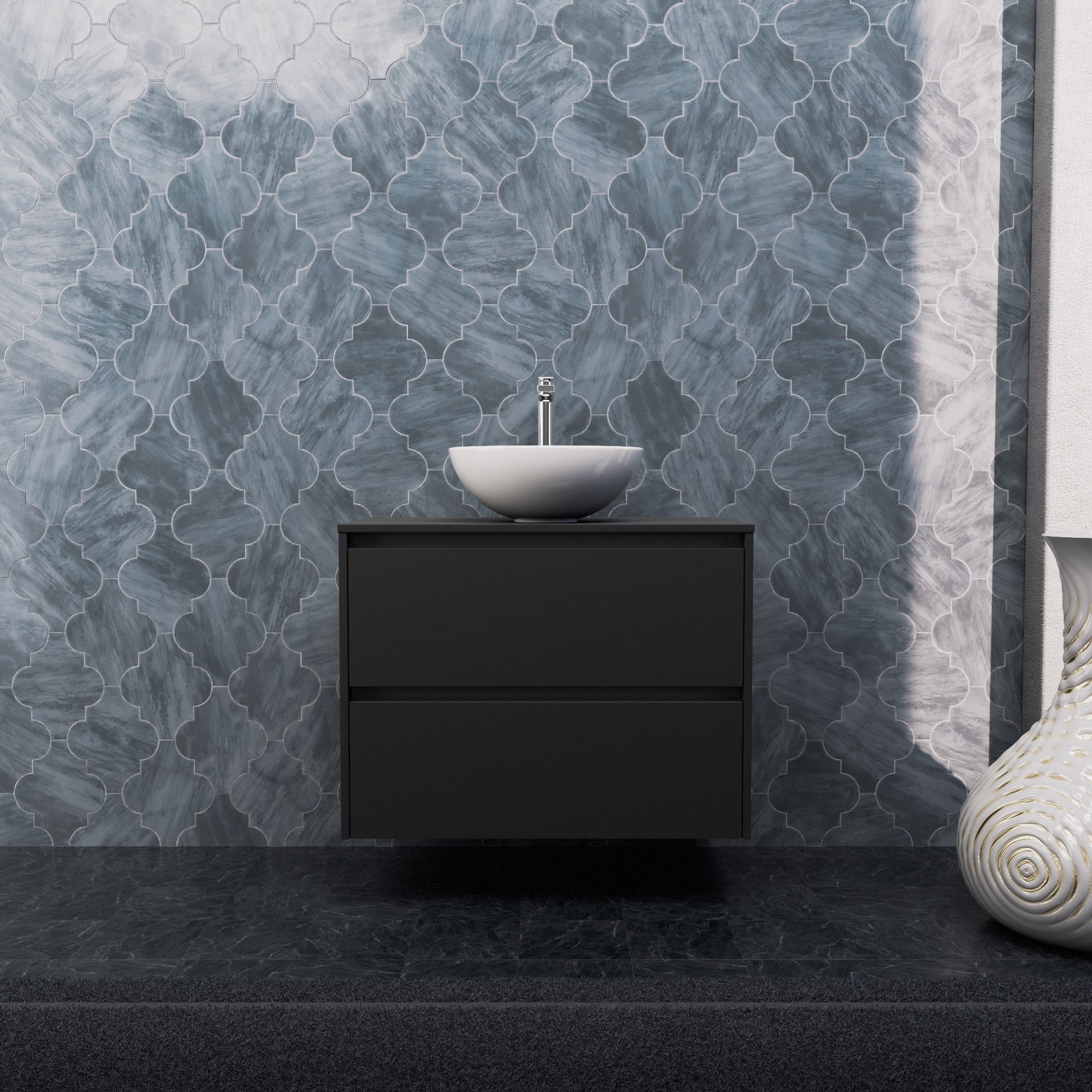 Inda - Mobile bagno L.80 con lavabo in appoggio / Nero opaco 2 cassetti - Smeraldo