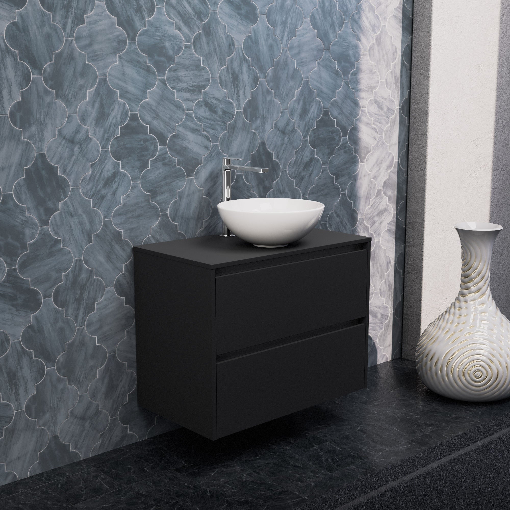 Inda - Mobile bagno L.80 con lavabo in appoggio / Nero opaco 2 cassetti - Smeraldo