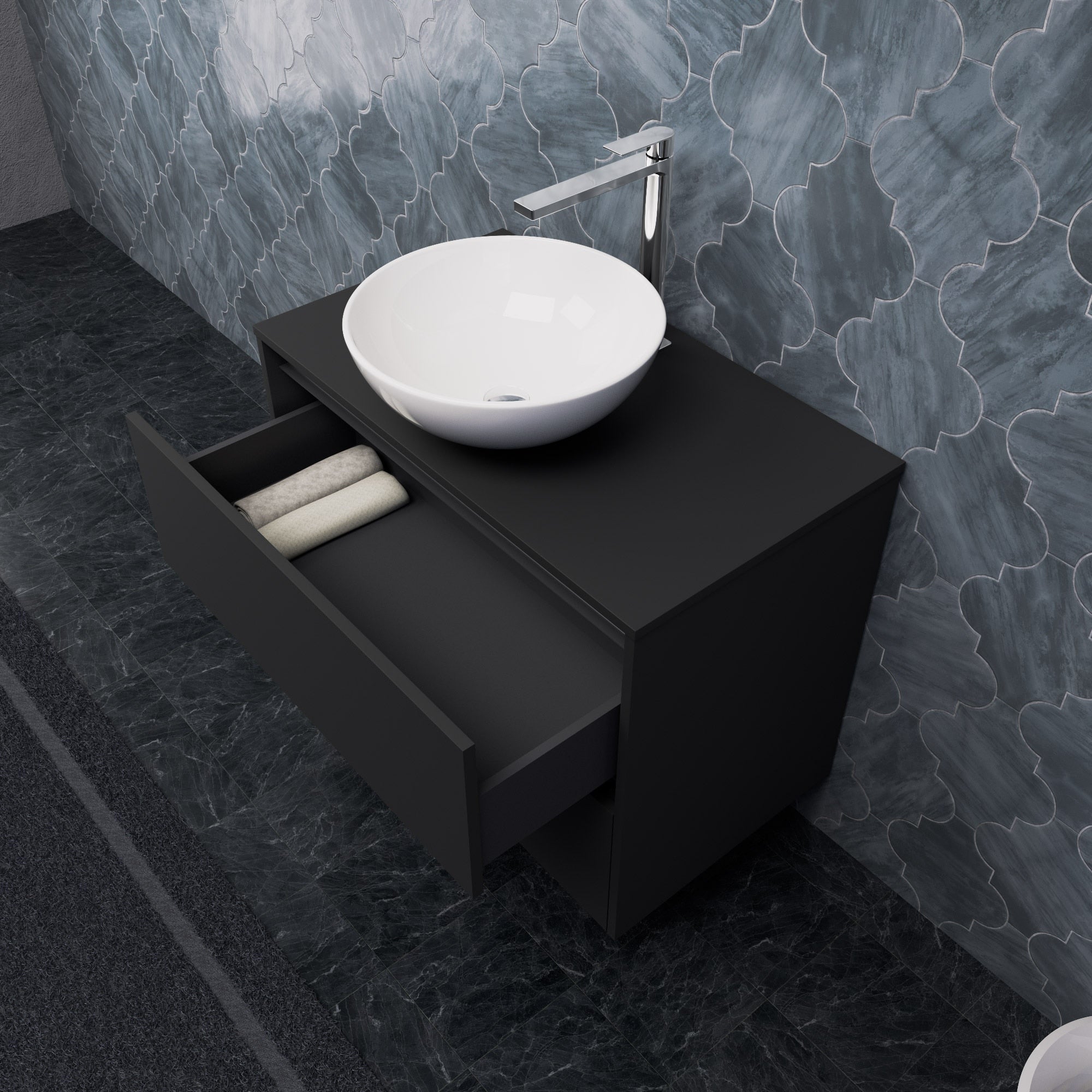 Inda - Mobile bagno L.80 con lavabo in appoggio / Nero opaco 2 cassetti - Smeraldo