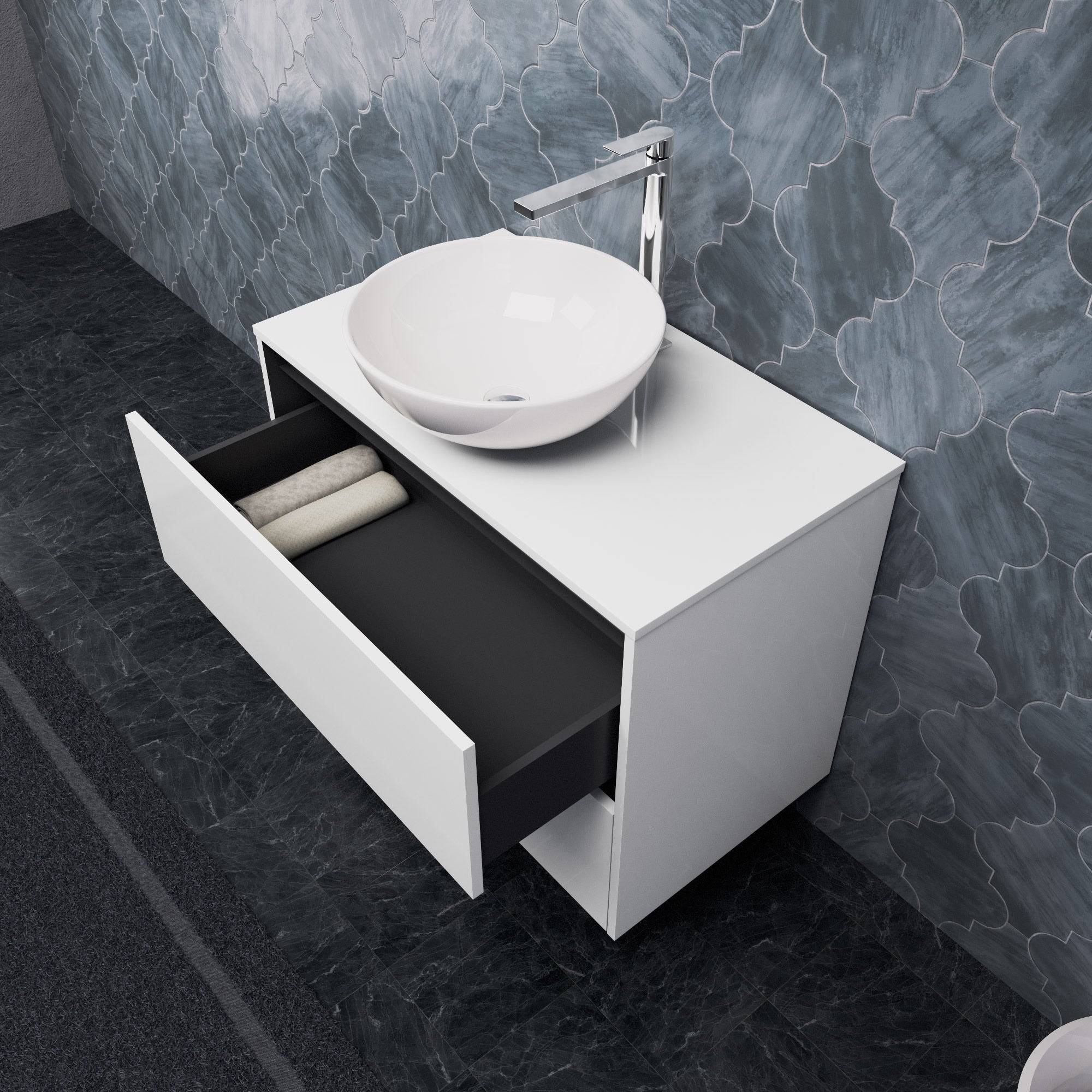 Inda - Mobile bagno L.80 con lavabo in appoggio / Bianco lucido 2 cassetti - Smeraldo