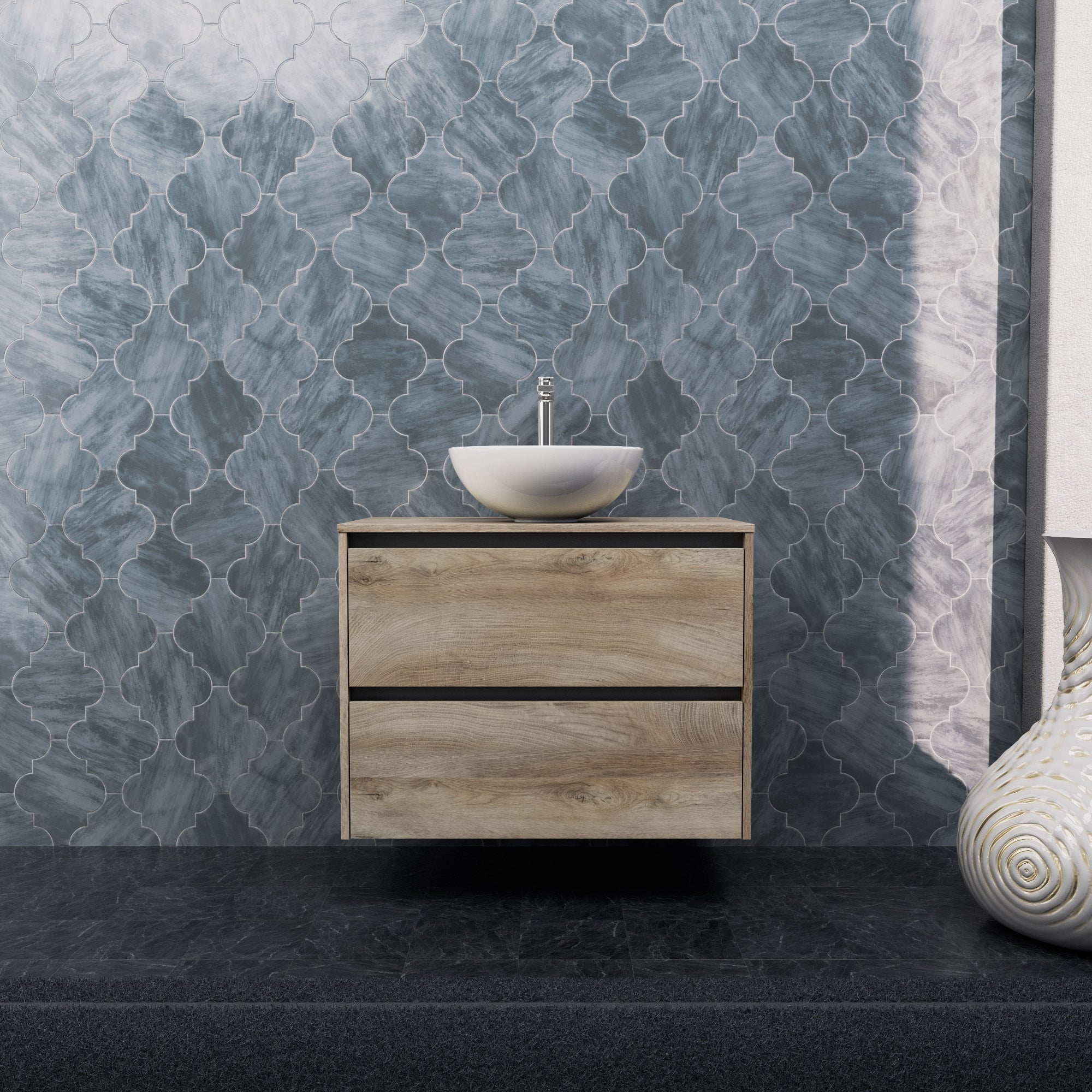 Inda - Mobile bagno L.80 con lavabo in appoggio / Rovere naturale 2 cassetti - Smeraldo