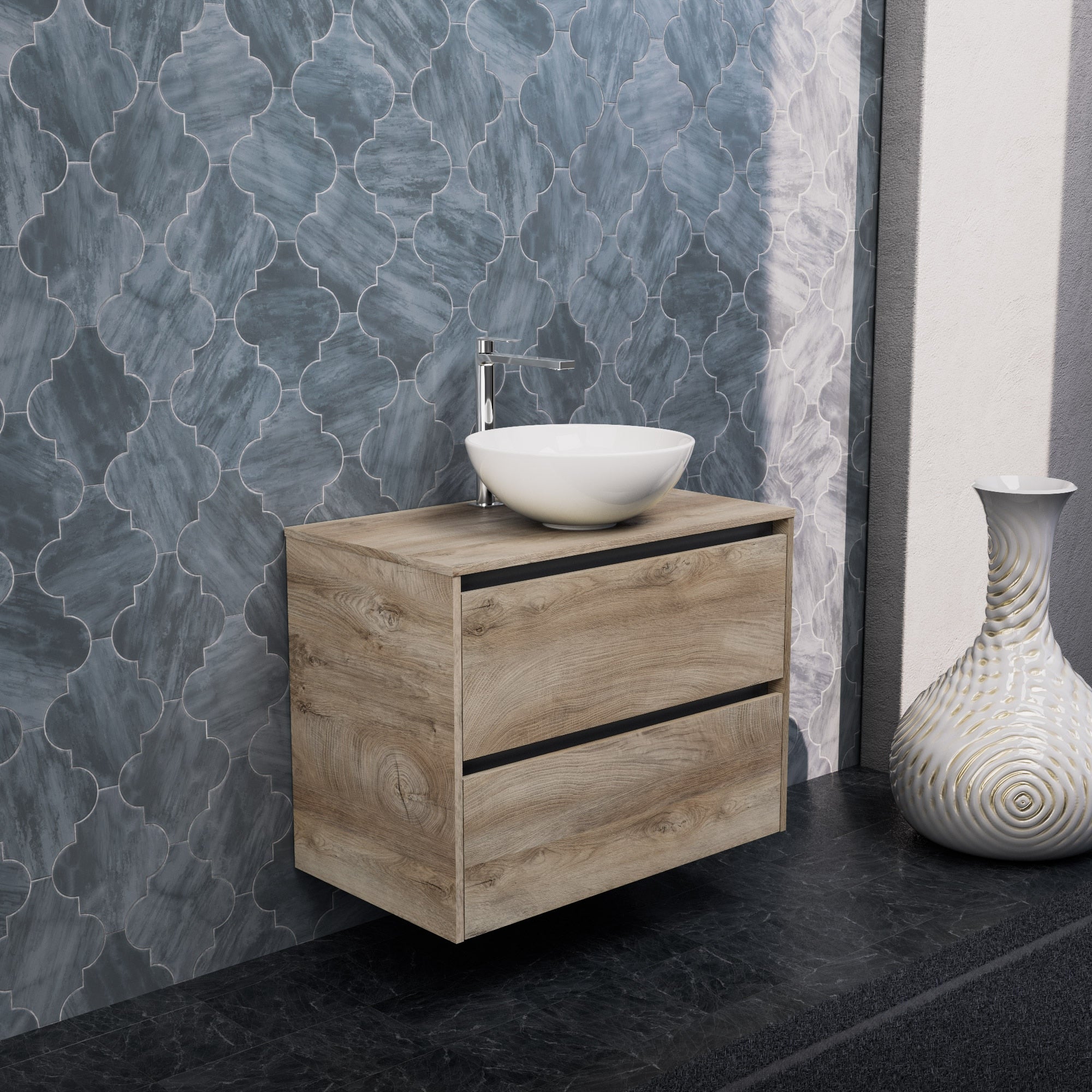 Inda - Mobile bagno L.80 con lavabo in appoggio / Rovere naturale 2 cassetti - Smeraldo