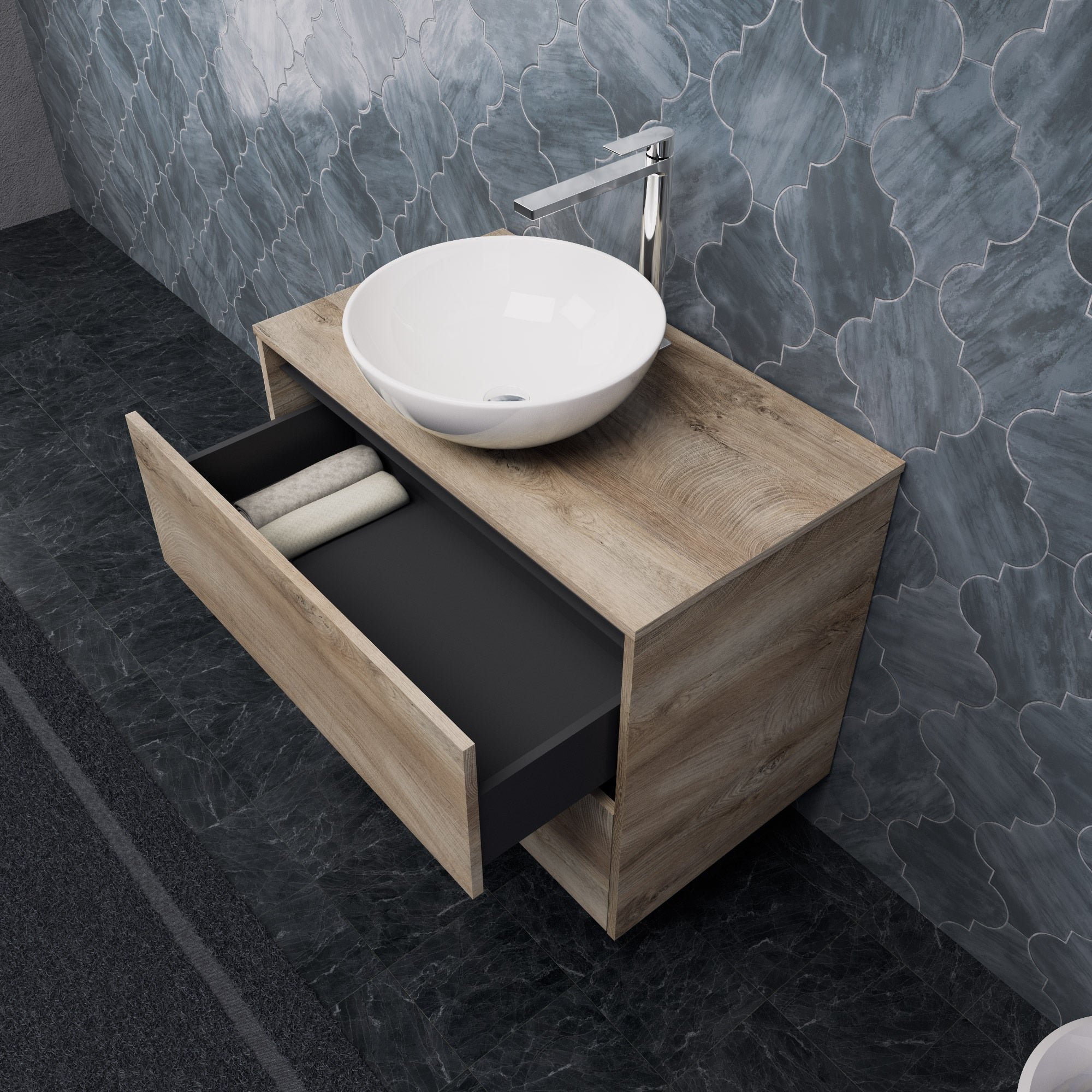 Inda - Mobile bagno L.80 con lavabo in appoggio / Rovere naturale 2 cassetti - Smeraldo