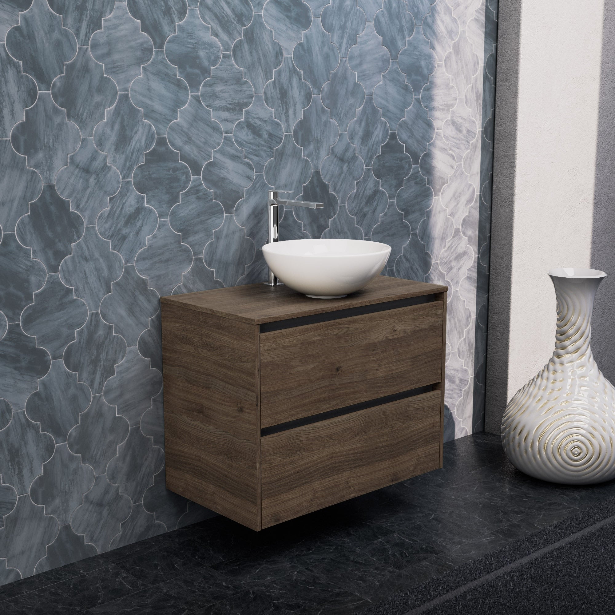 Inda - Mobile bagno L.80 con lavabo in appoggio / Rovere castano 2 cassetti - Smeraldo