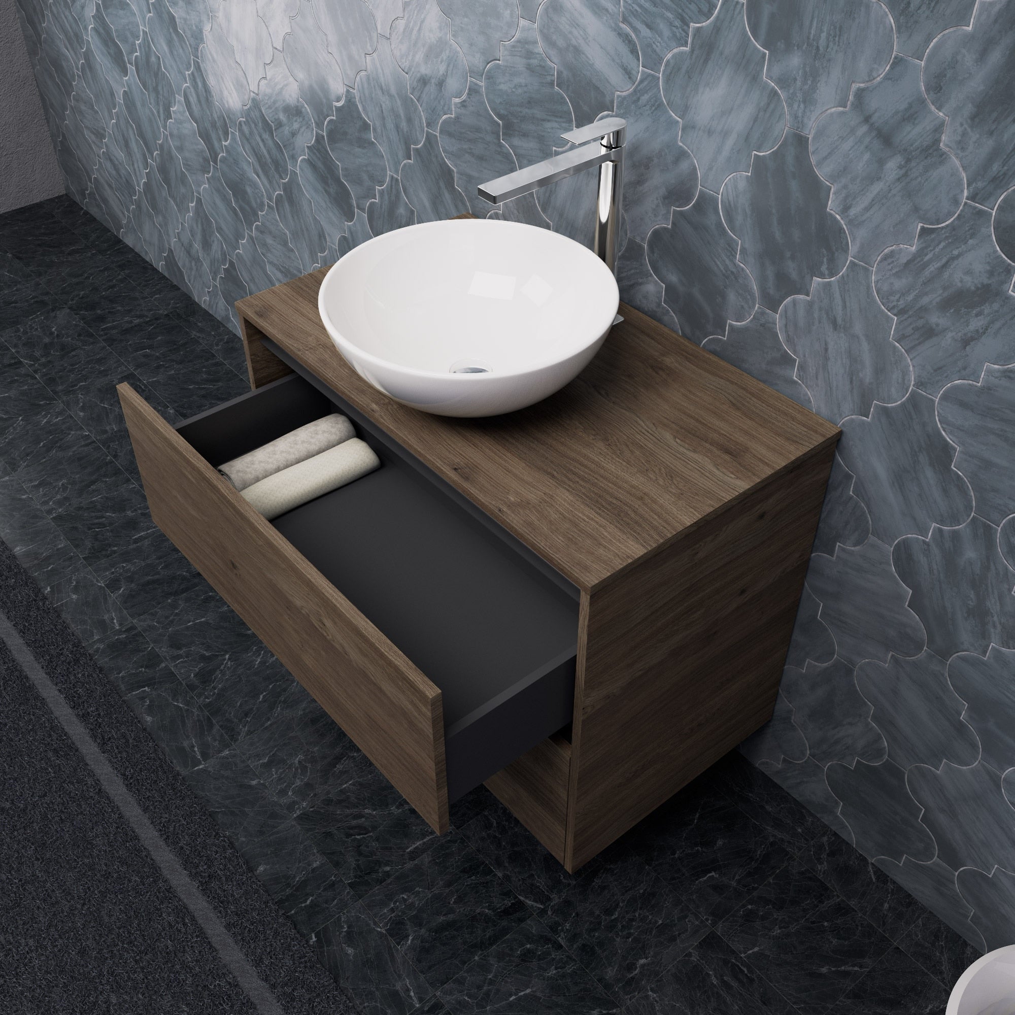 Inda - Mobile bagno L.80 con lavabo in appoggio / Rovere castano 2 cassetti - Smeraldo