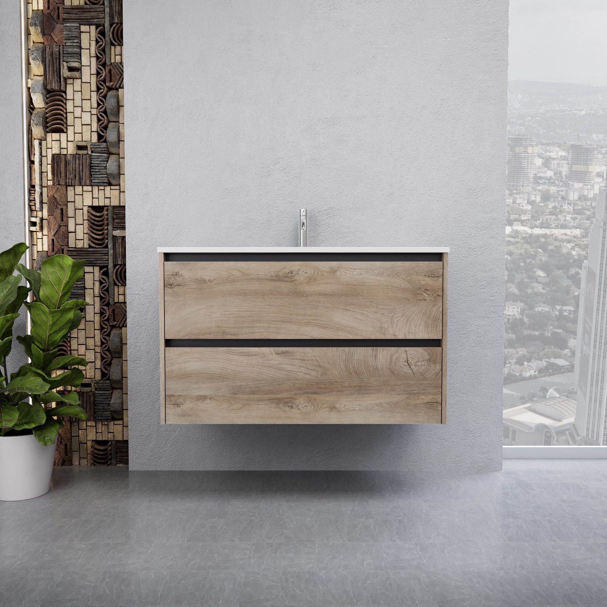 Inda - Mobile bagno L.100 con lavabo lucido / Rovere naturale 2 cassetti - Smeraldo