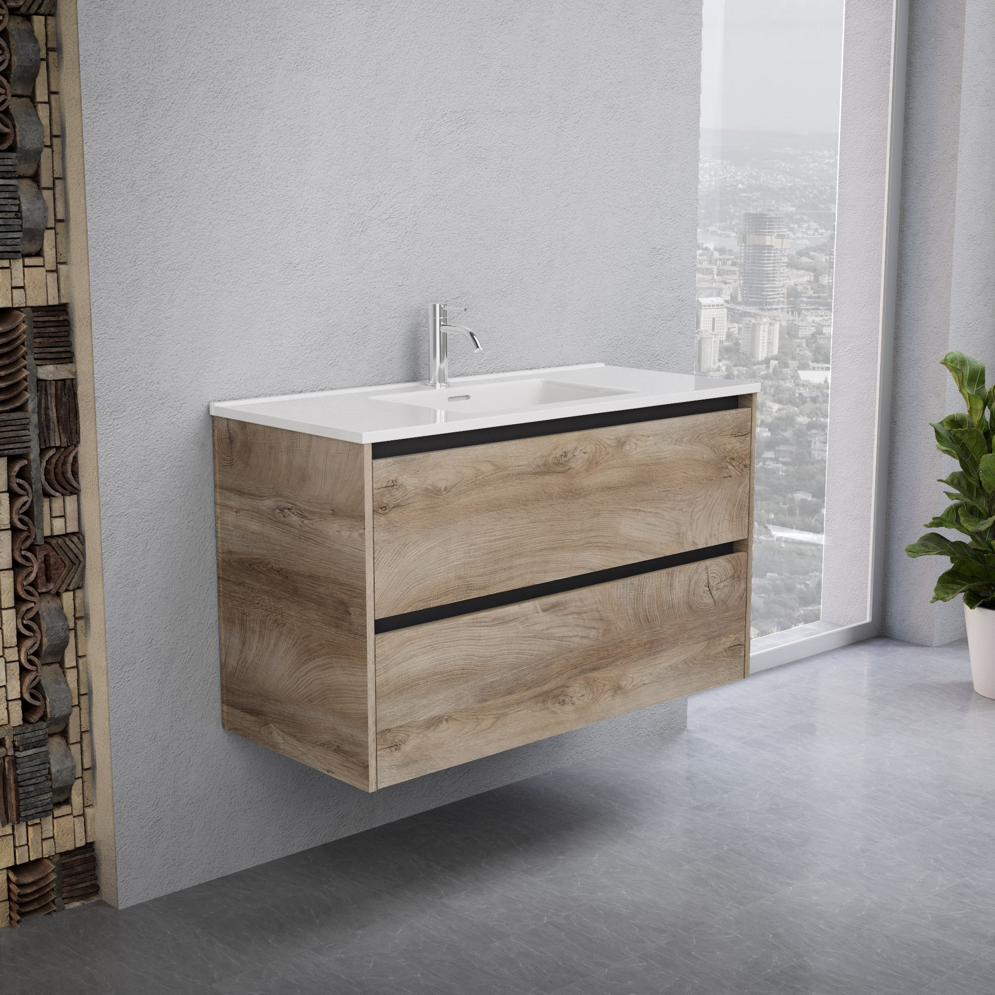 Inda - Mobile bagno L.100 con lavabo lucido / Rovere naturale 2 cassetti - Smeraldo