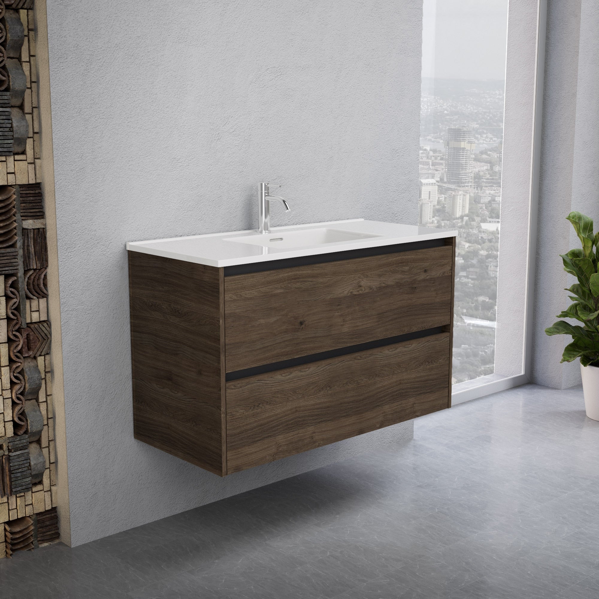 Inda - Mobile bagno L.100 con lavabo lucido / Rovere castano 2 cassetti - Smeraldo