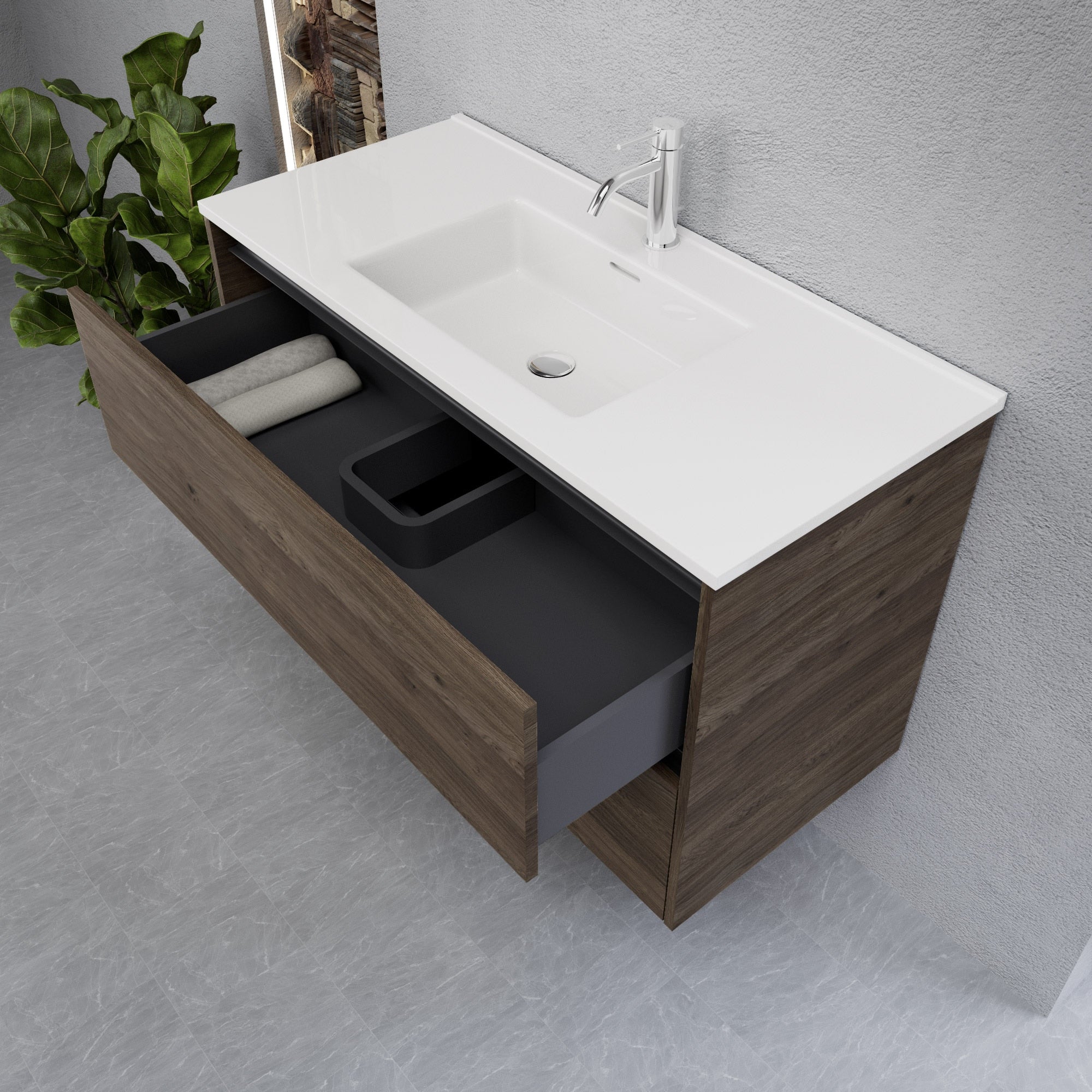Inda - Mobile bagno L.100 con lavabo lucido / Rovere castano 2 cassetti - Smeraldo