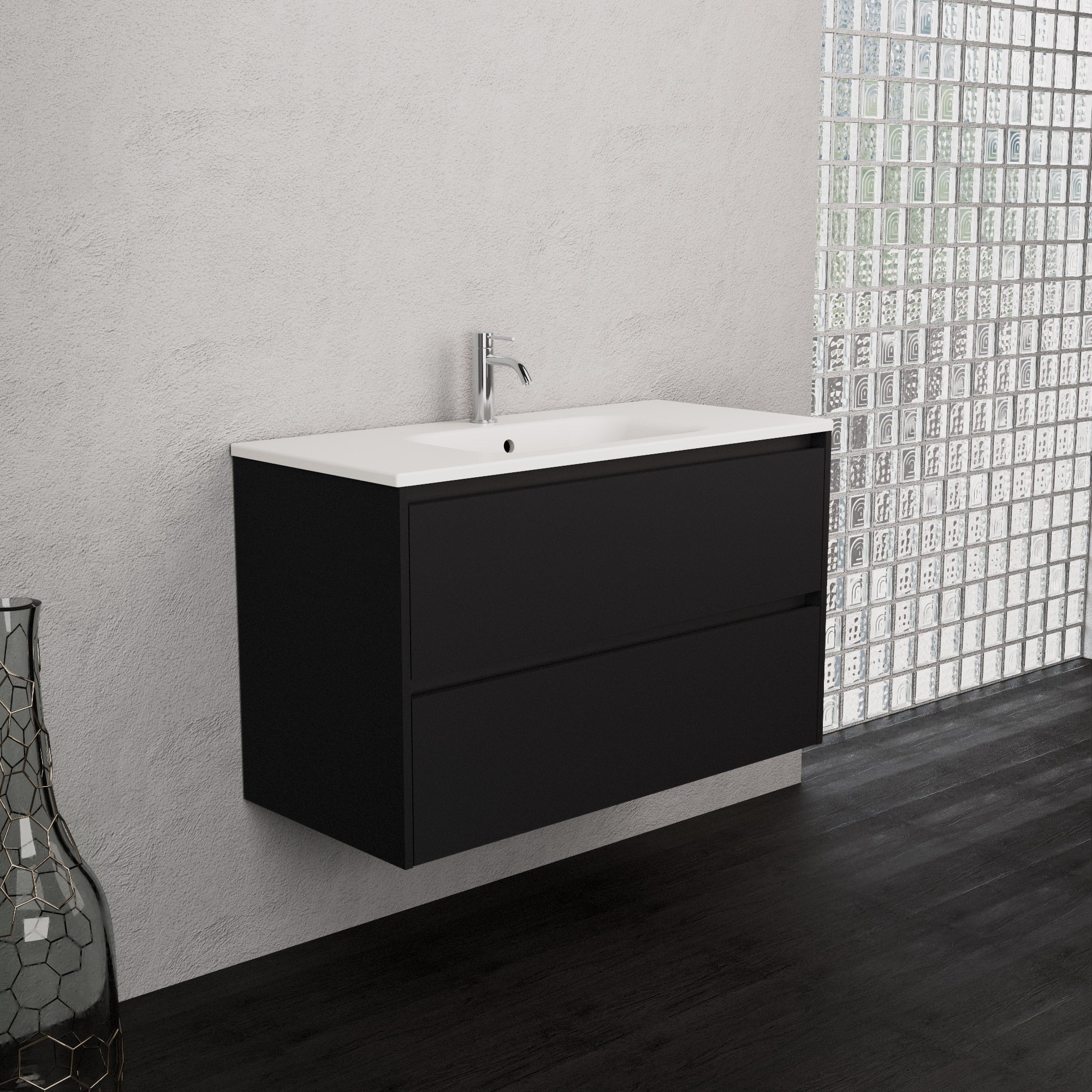 Inda - Mobile bagno L.100 con lavabo opaco / Nero opaco 2 cassetti - Smeraldo