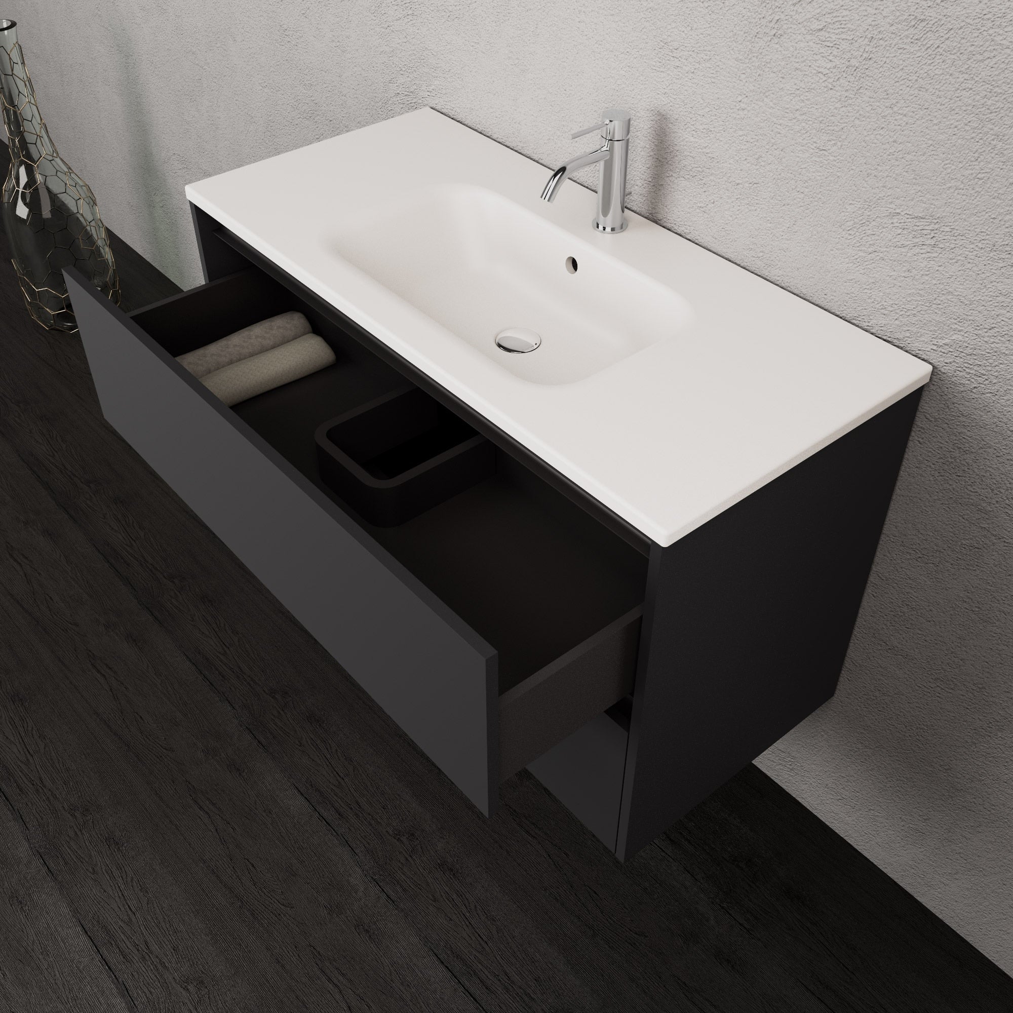 Inda - Mobile bagno L.100 con lavabo opaco / Nero opaco 2 cassetti - Smeraldo