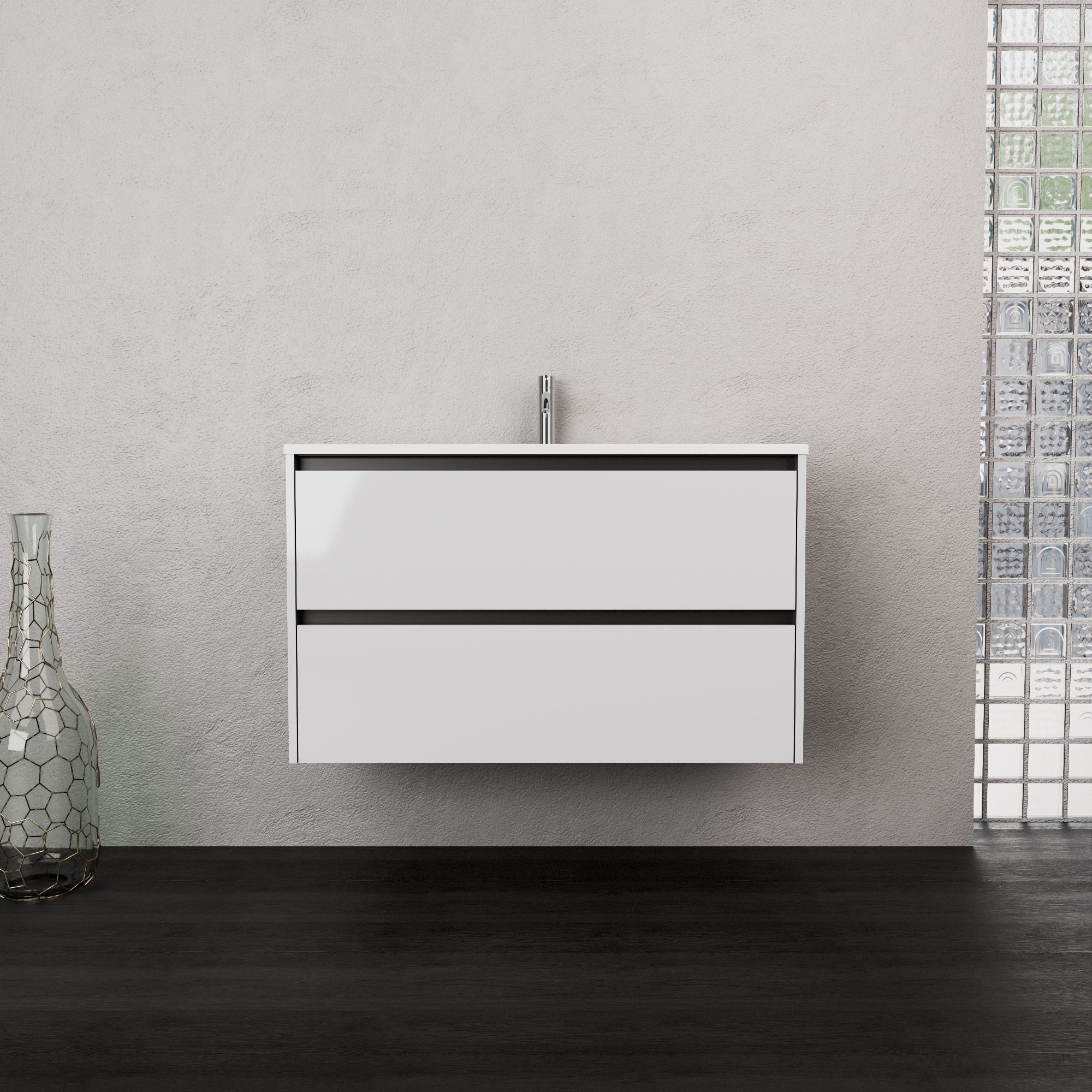 Inda - Mobile bagno L.100 con lavabo opaco / Bianco lucido 2 cassetti - Smeraldo